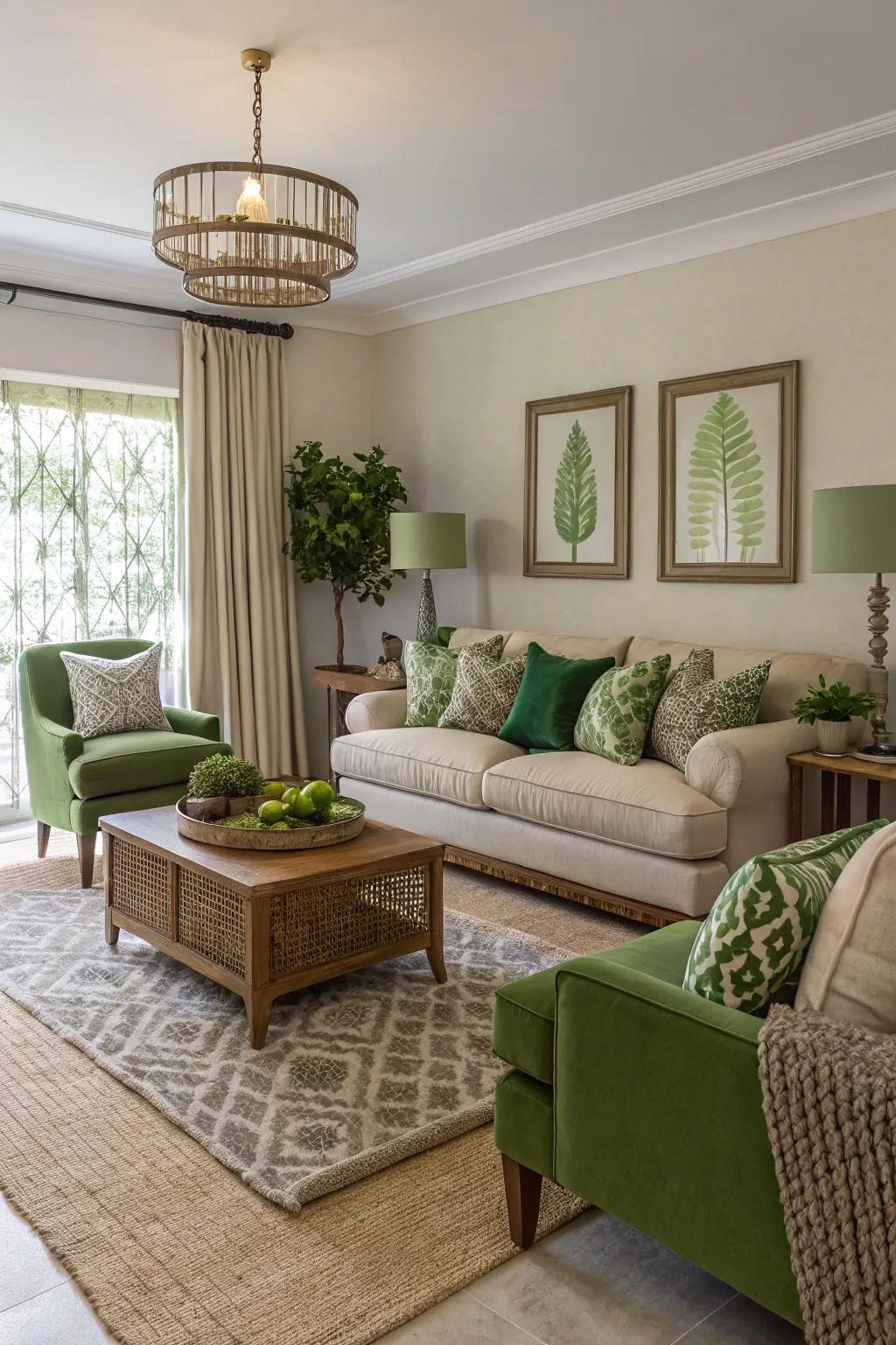 Verdant and neutrals provide sophistication.