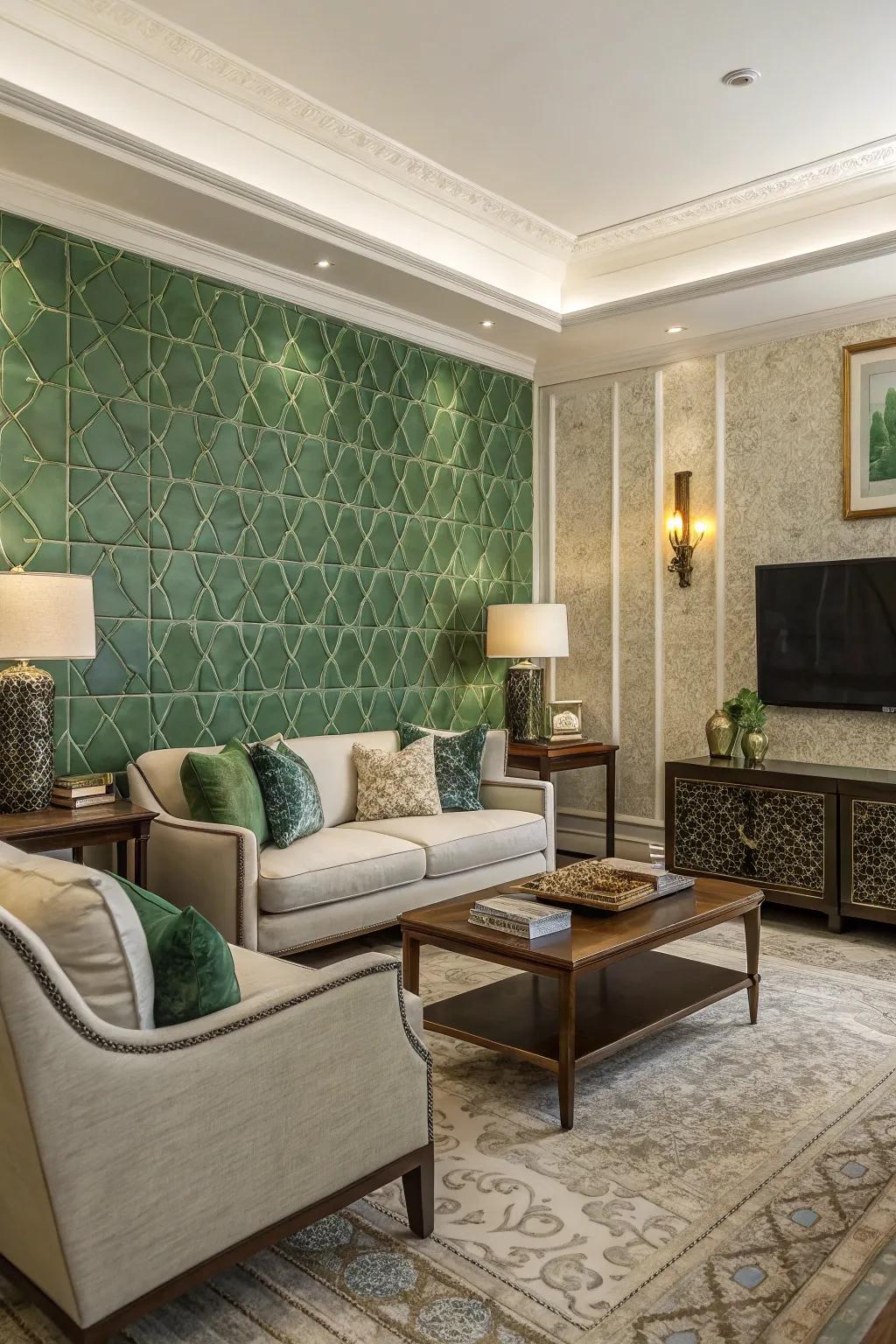 Green tiles introduce sophistication and texture to this living room.