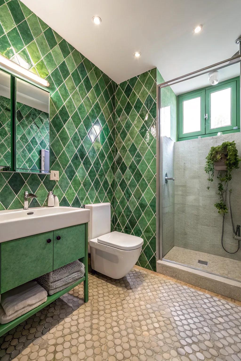 Rhombus designs in green tiles craft a striking flair.