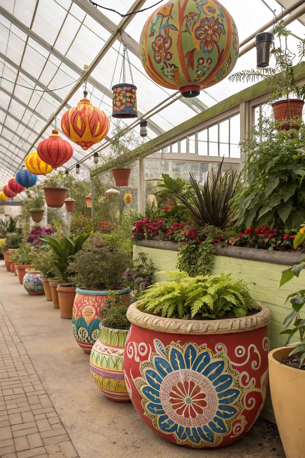 Pretty things add style to a greenhouse inside.