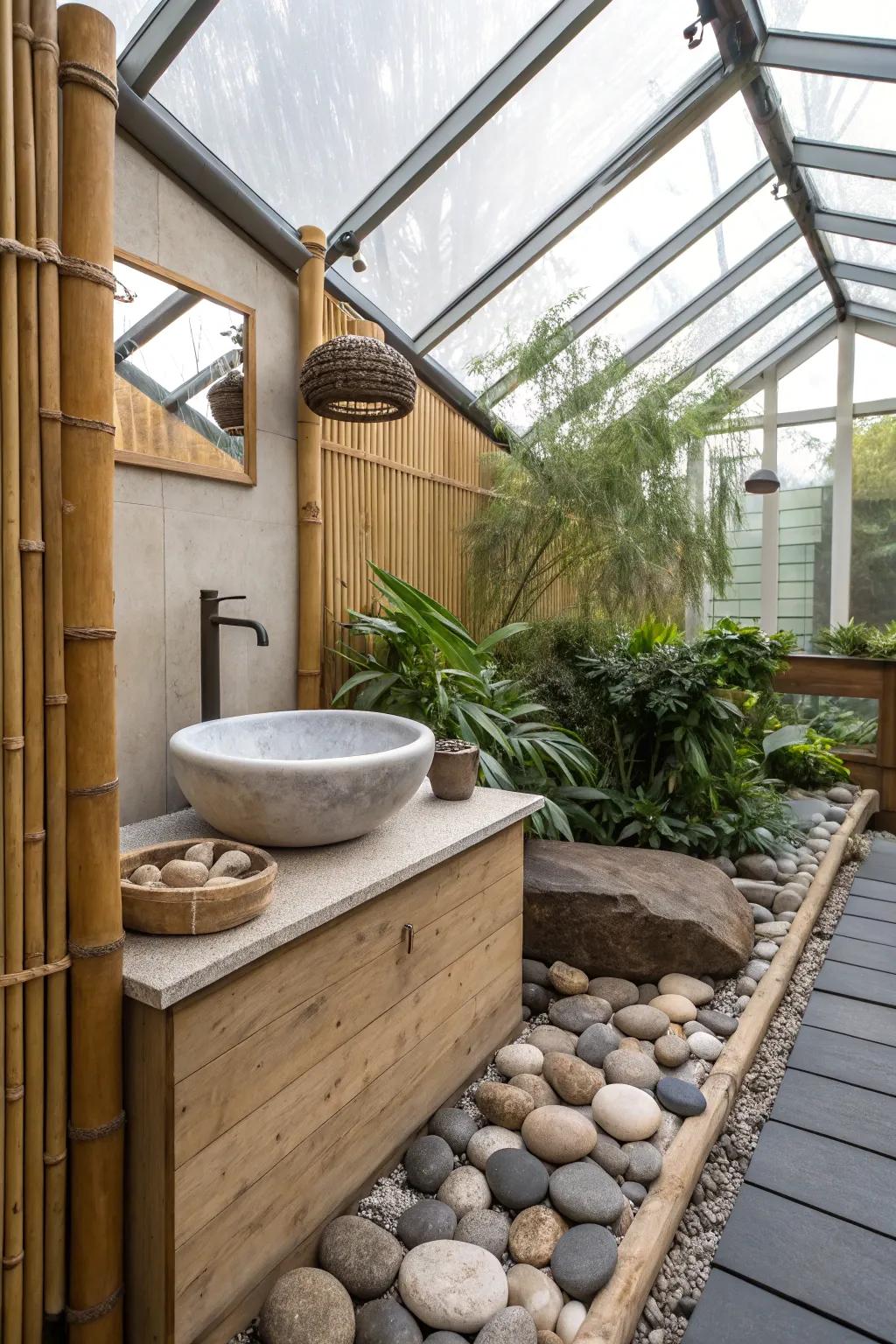 A peaceful sink hideaway offers serenity and simplicity in the greenhouse.