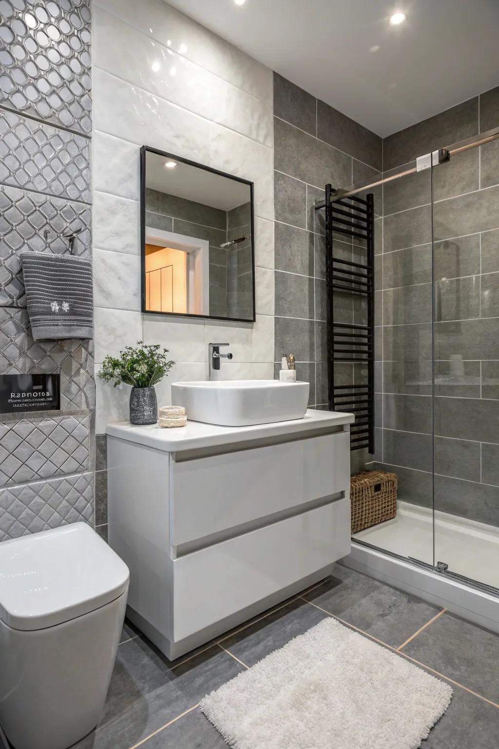 Contrasting textures add depth and sophistication to the bathroom.
