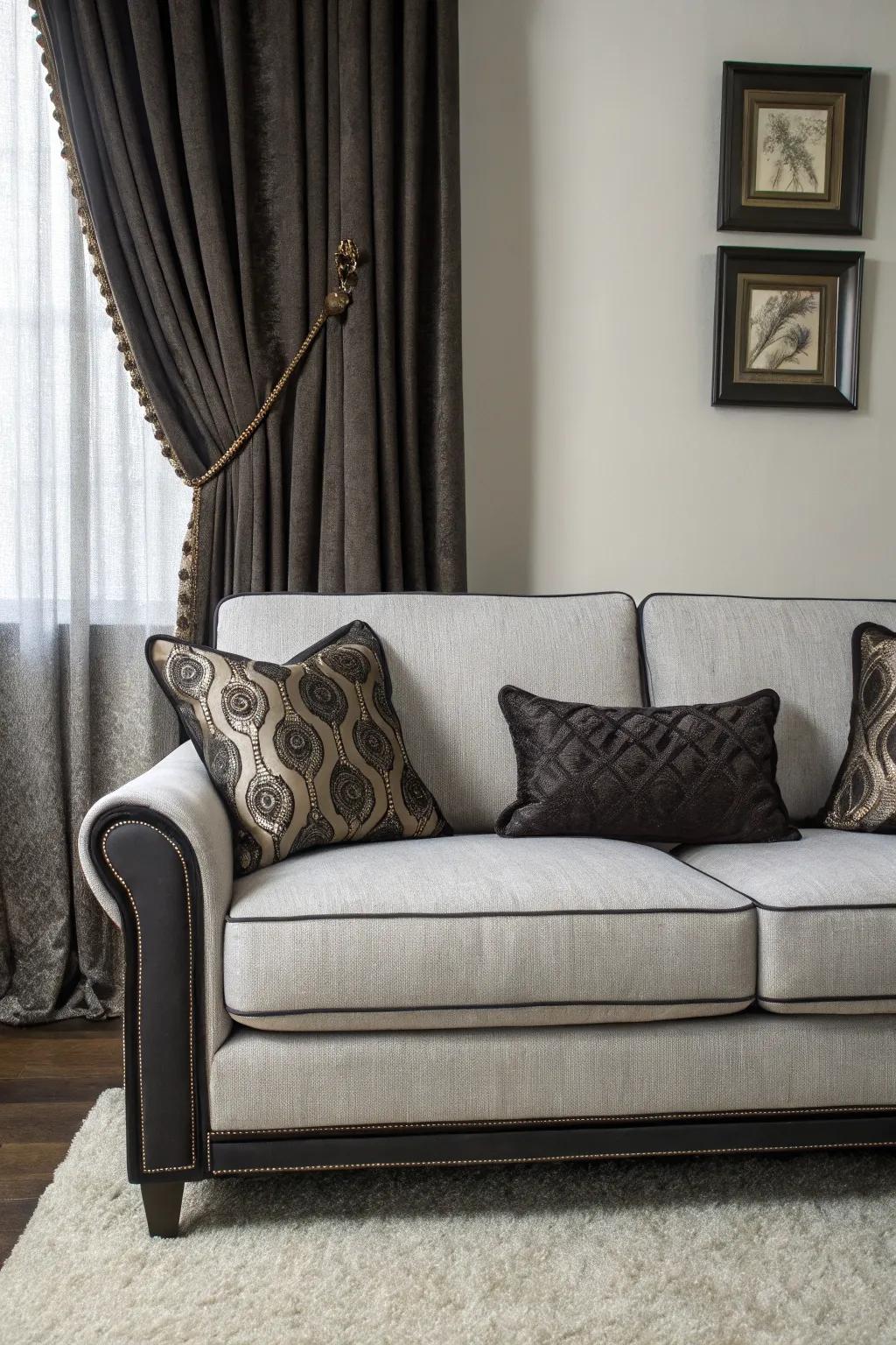 Dark accents provide a striking contrast to a gray sofa.