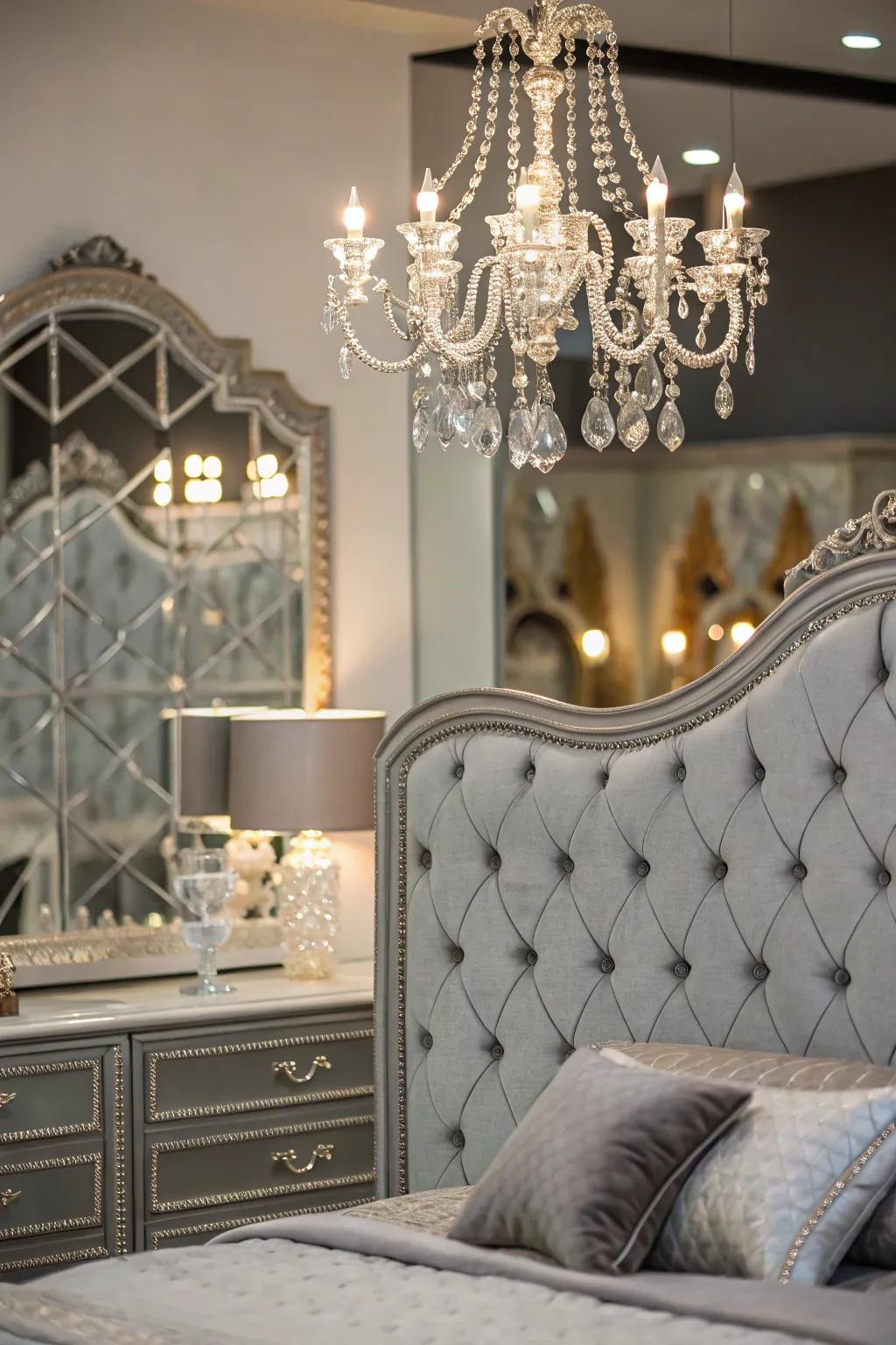 Glamorous decor items enhance a bedroom with a grey headboard.