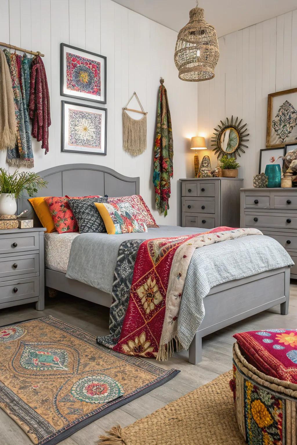 Bohemian décor introduces vibrant energy into a grey furniture setting.