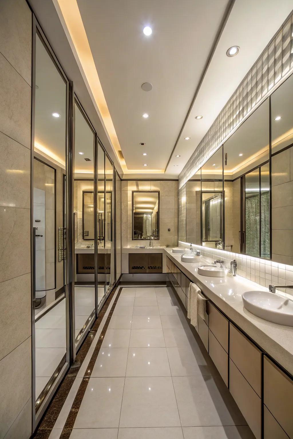 Reflective walls create the illusion of a larger, more open space.