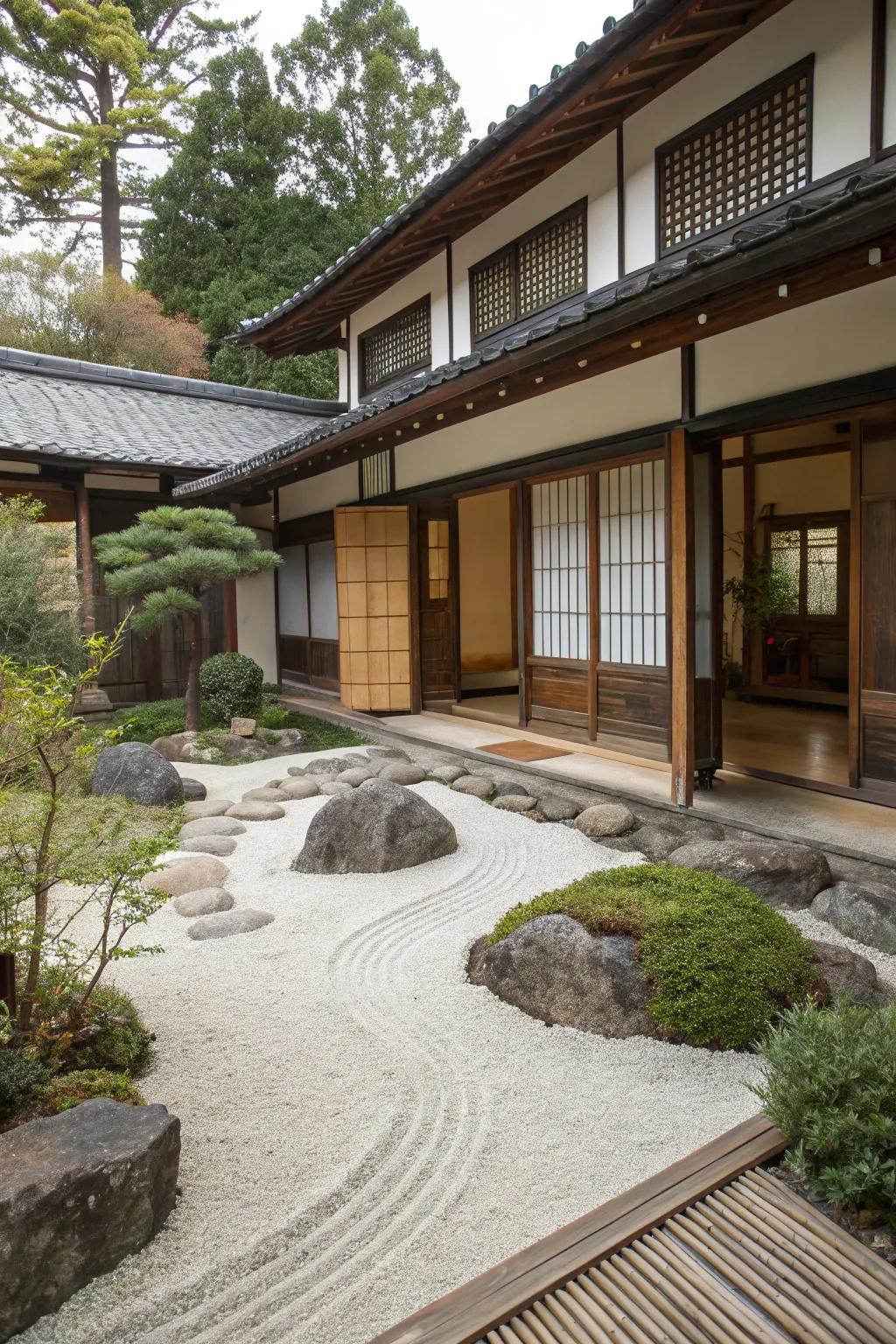 A guest house with a tranquil Zen garden, perfect for relaxation.