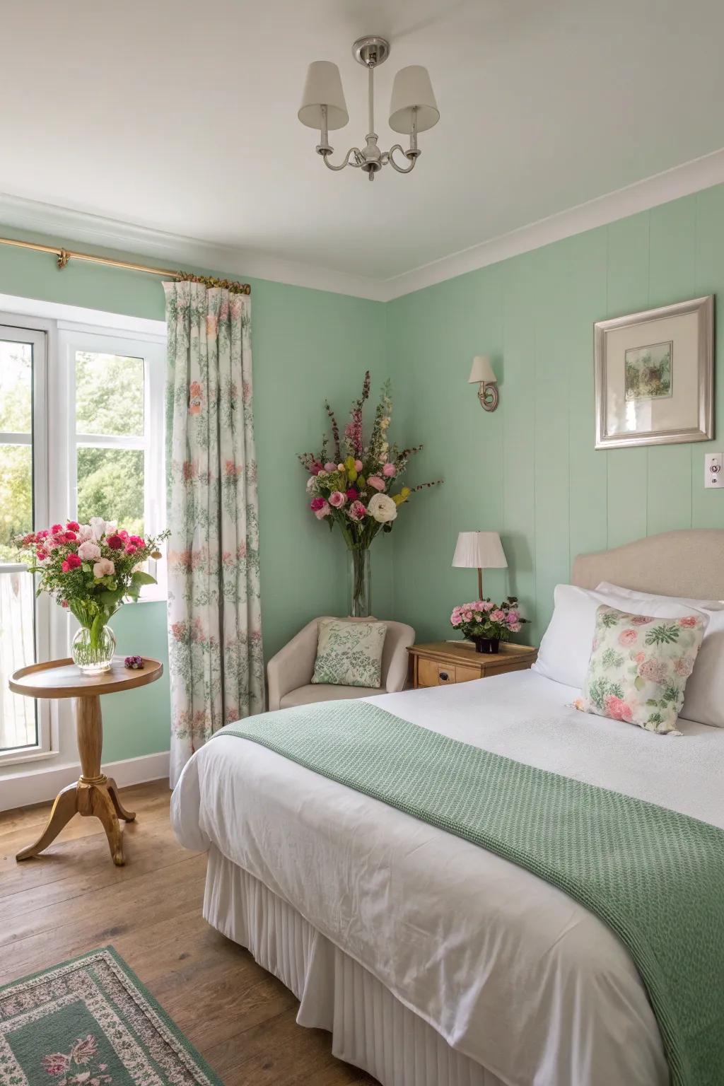 A guest room featuring soft light jade for a refreshing impression.