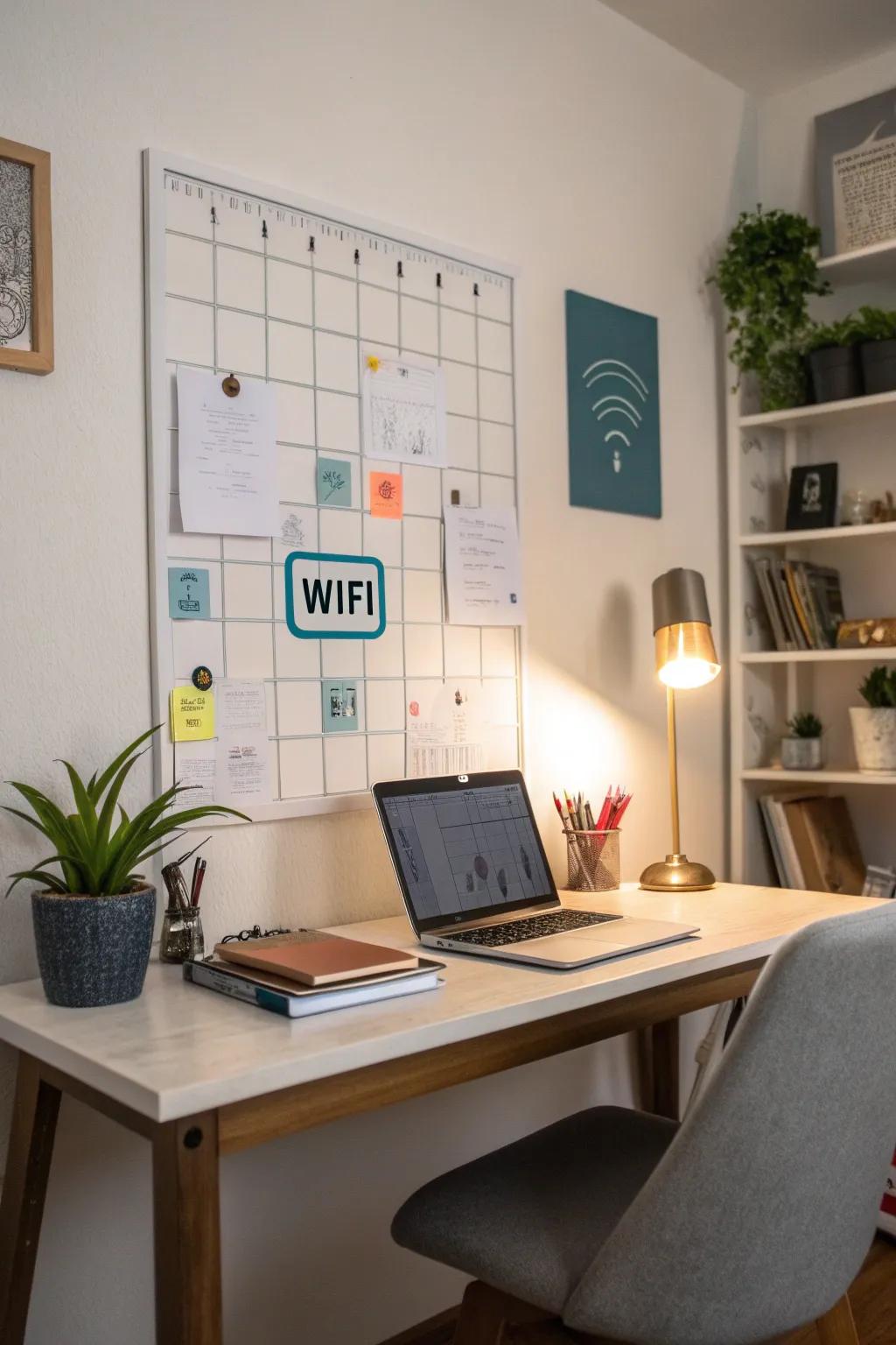 A magnetic surface delivering a versatile presentation for WiFi details in a functional workspace.