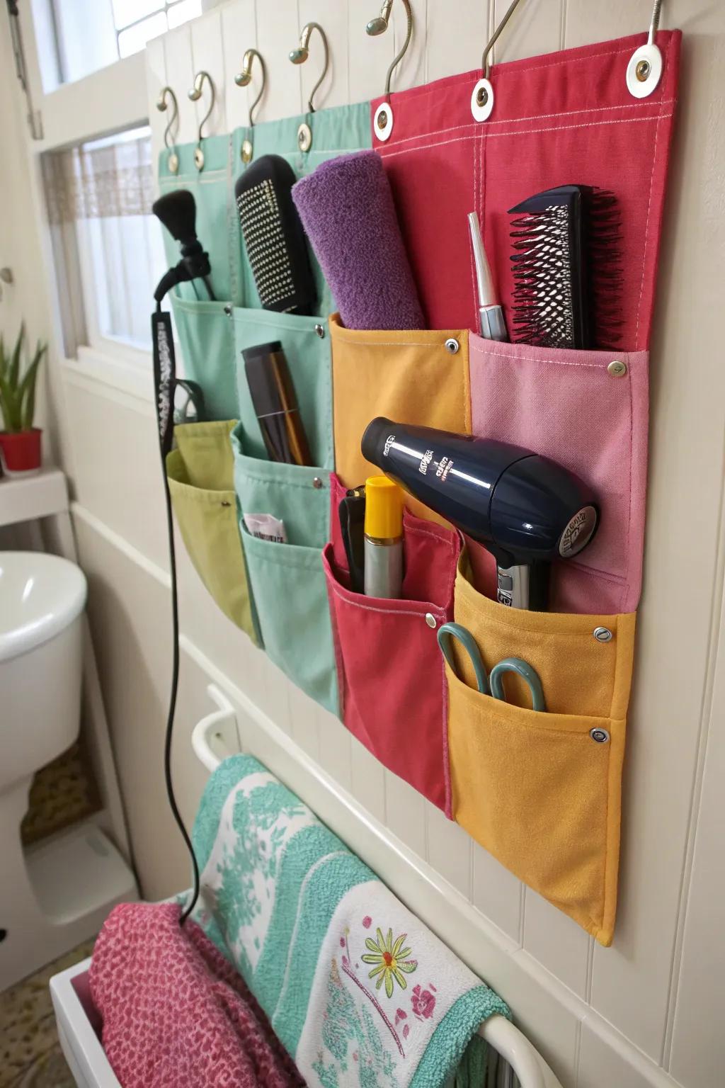 Fashionable fabric wall pockets introducing color and efficient storage.