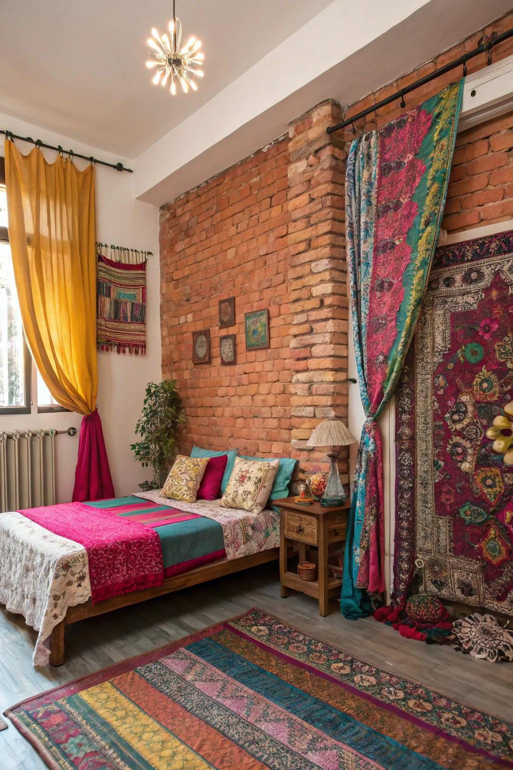 An varied sleeping quarters showcasing a brick half wall and vibrant textiles.