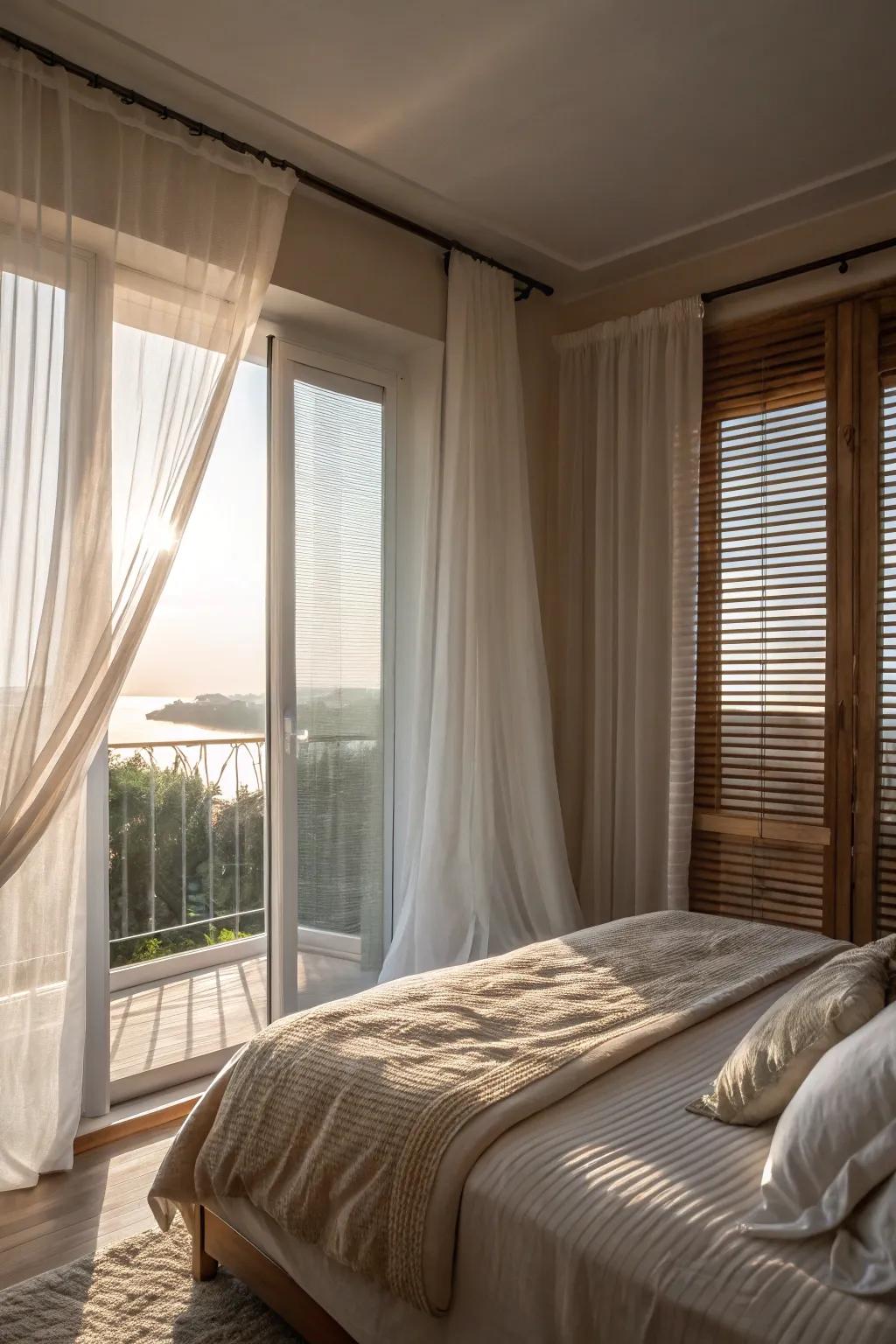 A dreamy bedroom featuring half blinds and sheer fabrics.