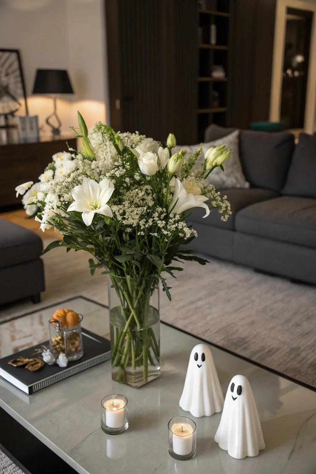 Spectral statuettes inject an ethereal quality into this elegant Halloween bouquet.