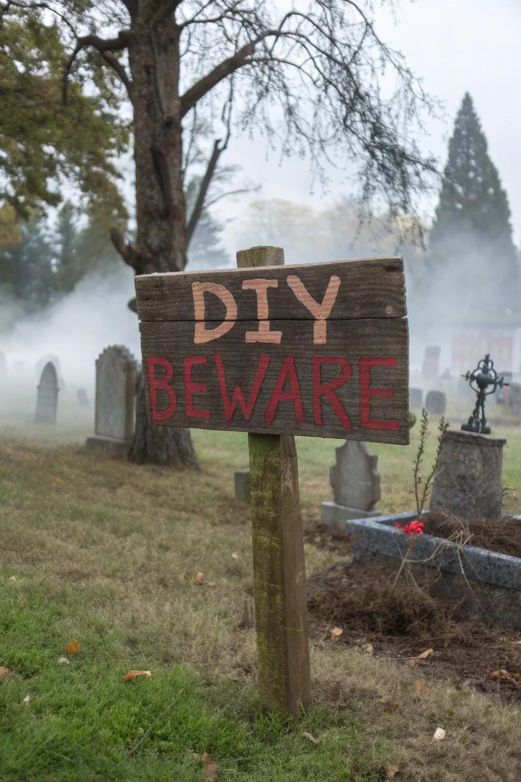 A handmade beware sign adds a personal touch to your graveyard.