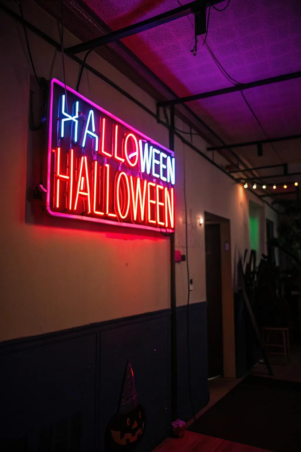 Neon signs bringing a lively radiance to Halloween nights.