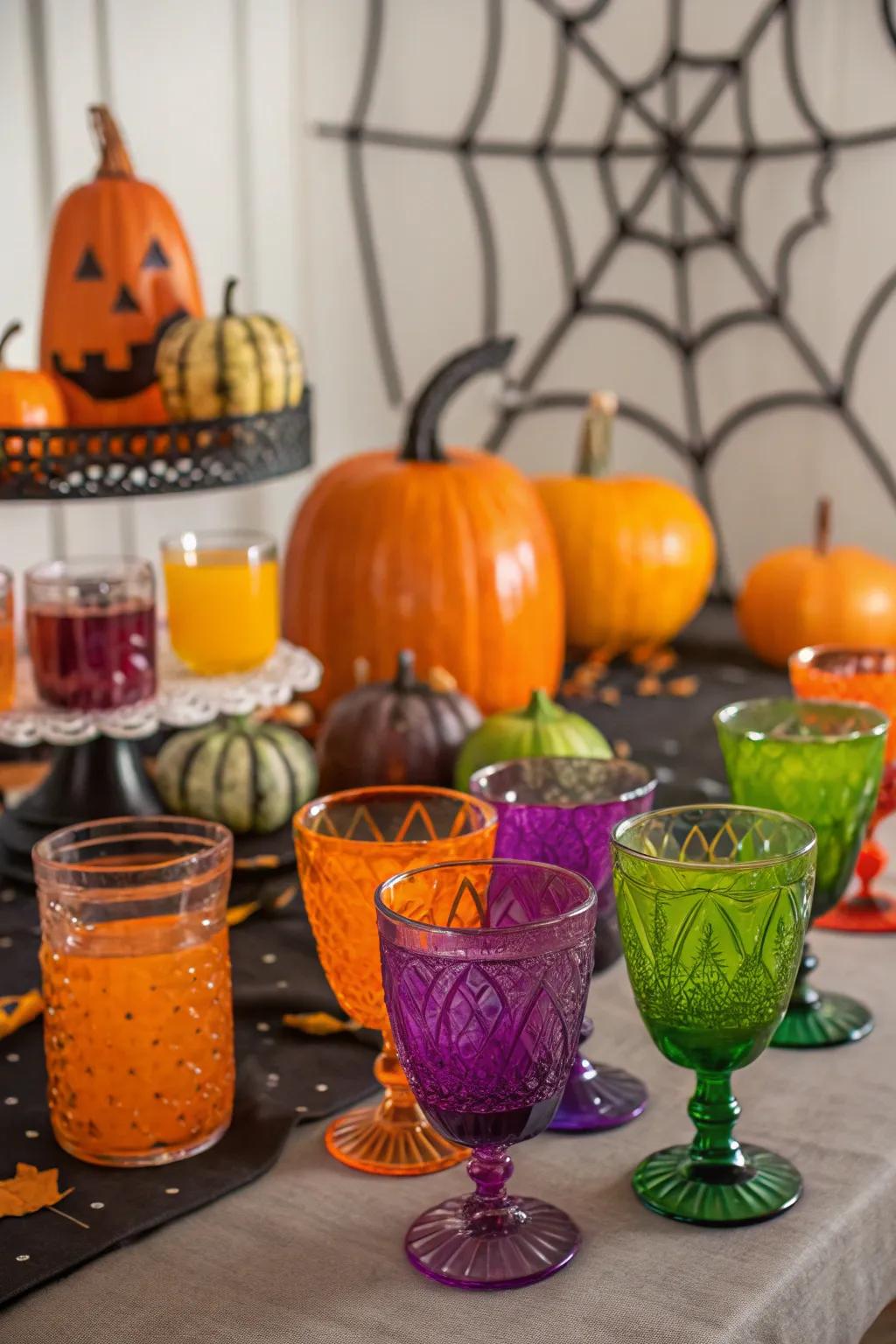 Colorful glassware adds an unexpected pop of color.