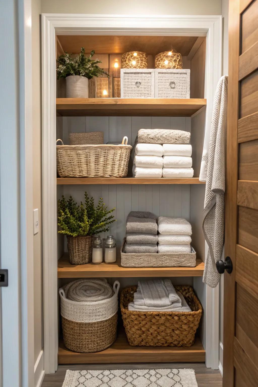 A unified and fashionable closet space is produced by coordinated decor.