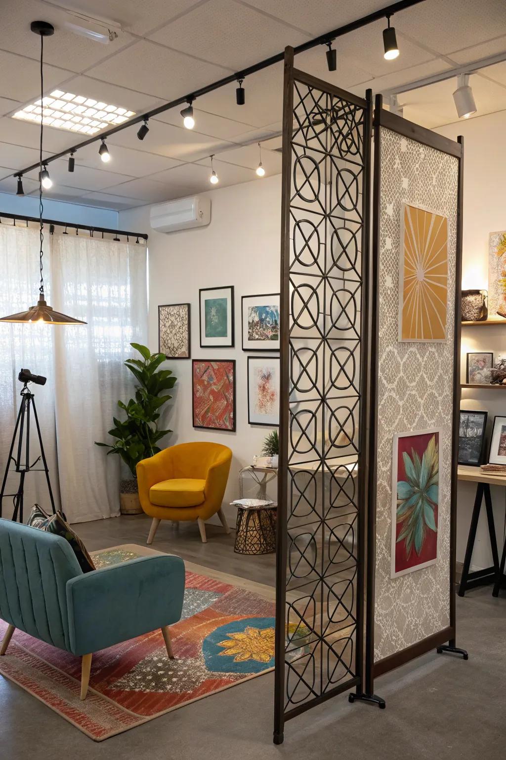 Hanging art panels serve dual purposes as decor and divider.