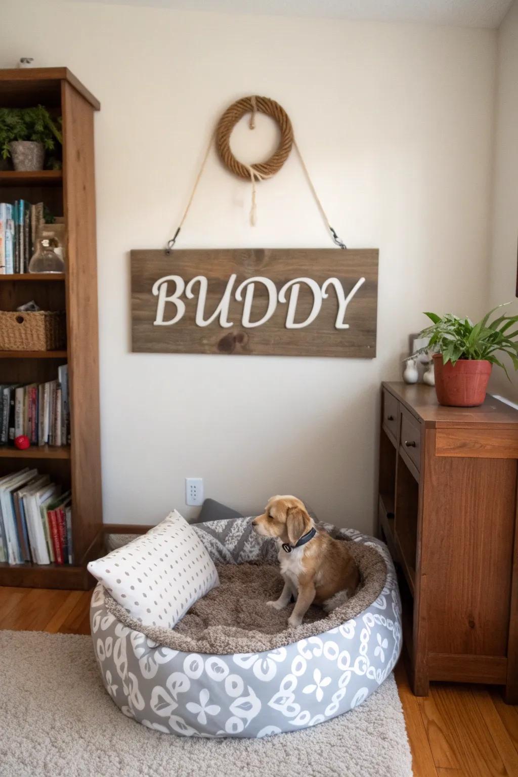 A pet name sign that honors beloved pets in a cozy setting.