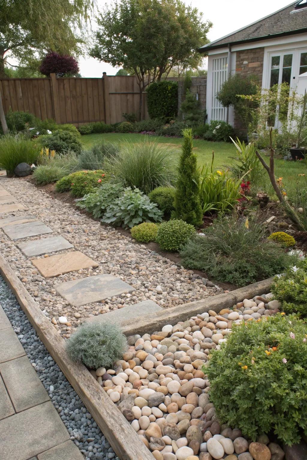 Pebbles and gravel incorporate decorative texture to any garden.