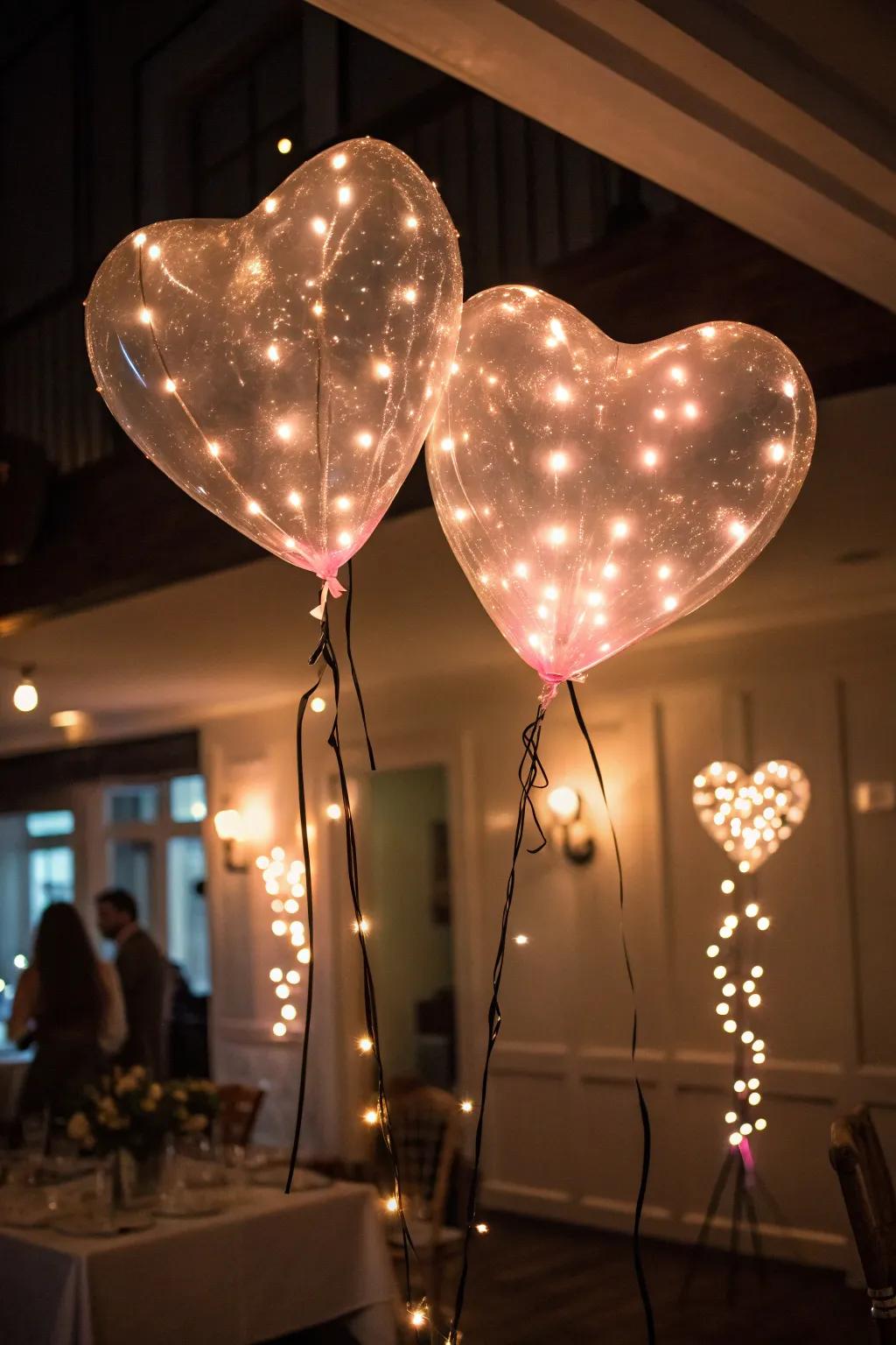 Heart inflatables aglow with LED illumination for evening magic.