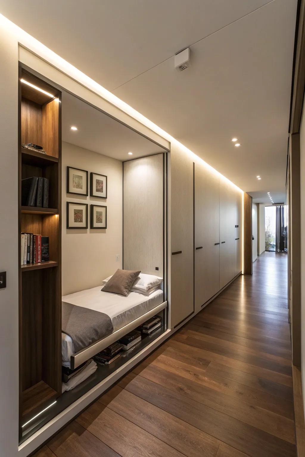 A pull-out bed in a wall niche for flexible living