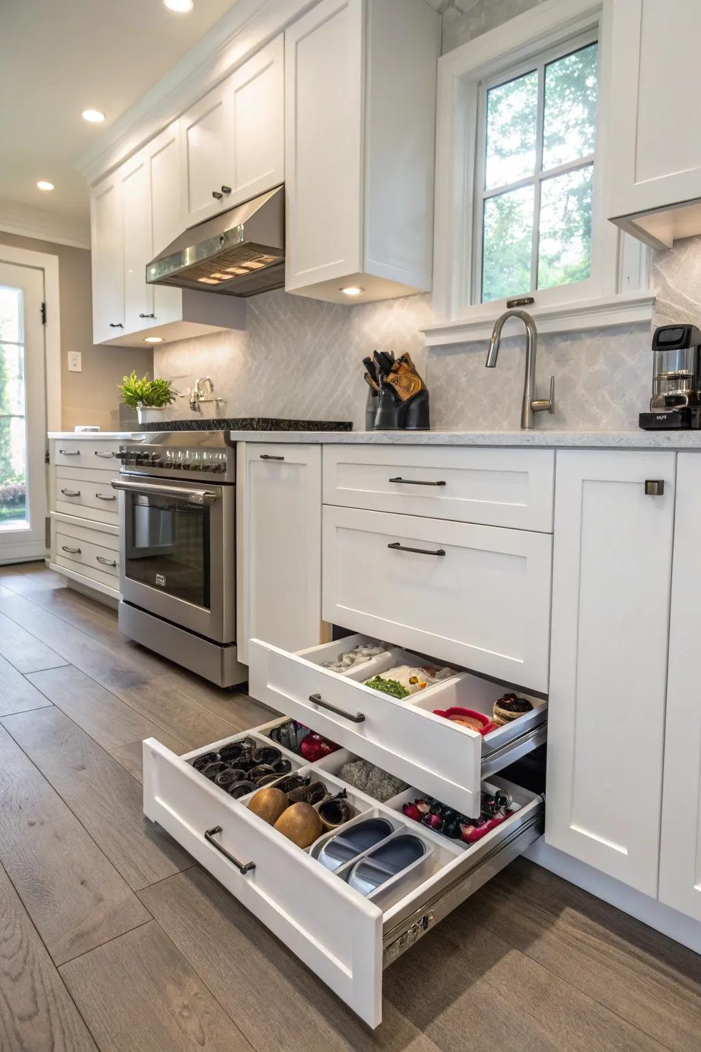 Toe-kick drawers provide hidden footwear storage in underused areas.