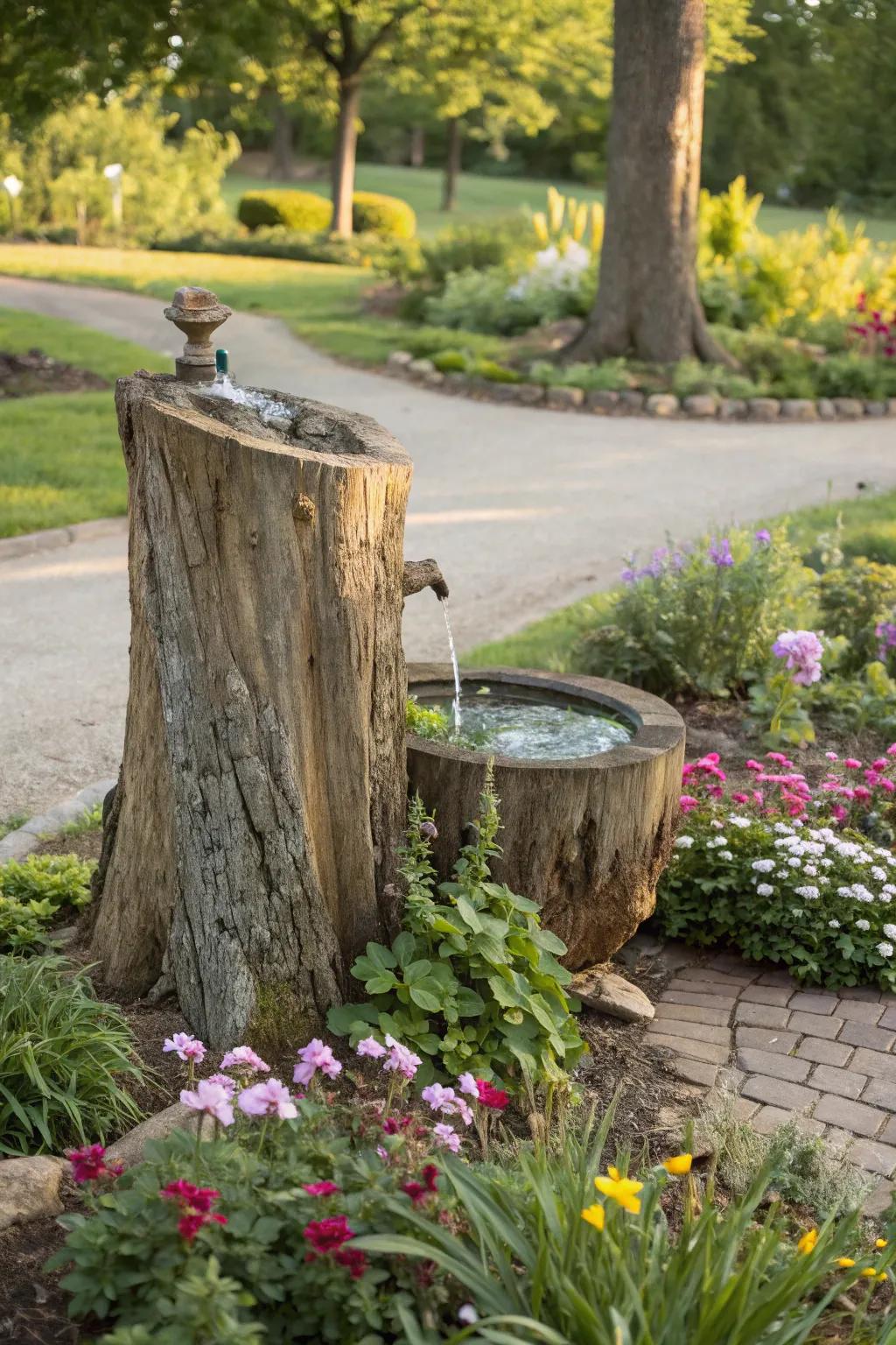 A tree stump serves as the base for a tranquil water element.
