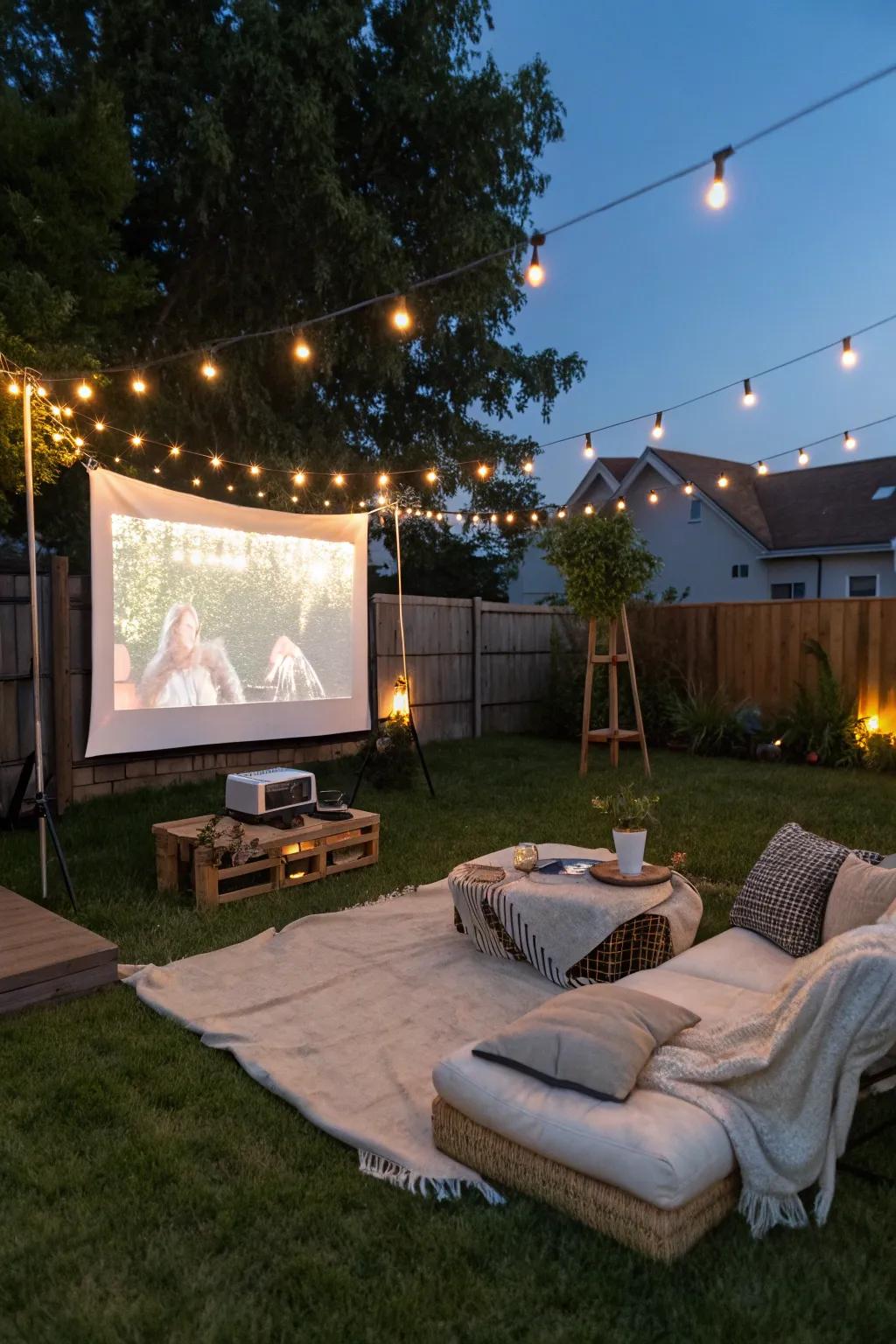 A comfortable al fresco cinema configuration for an enchanting film adventure.