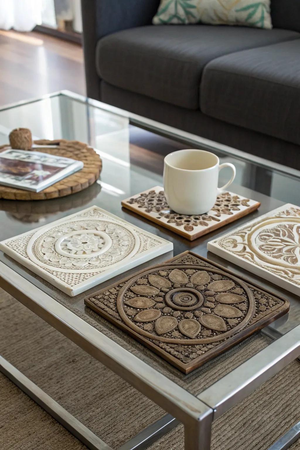 A set of artistic surface protectors that infuse flair into a coffee surface.