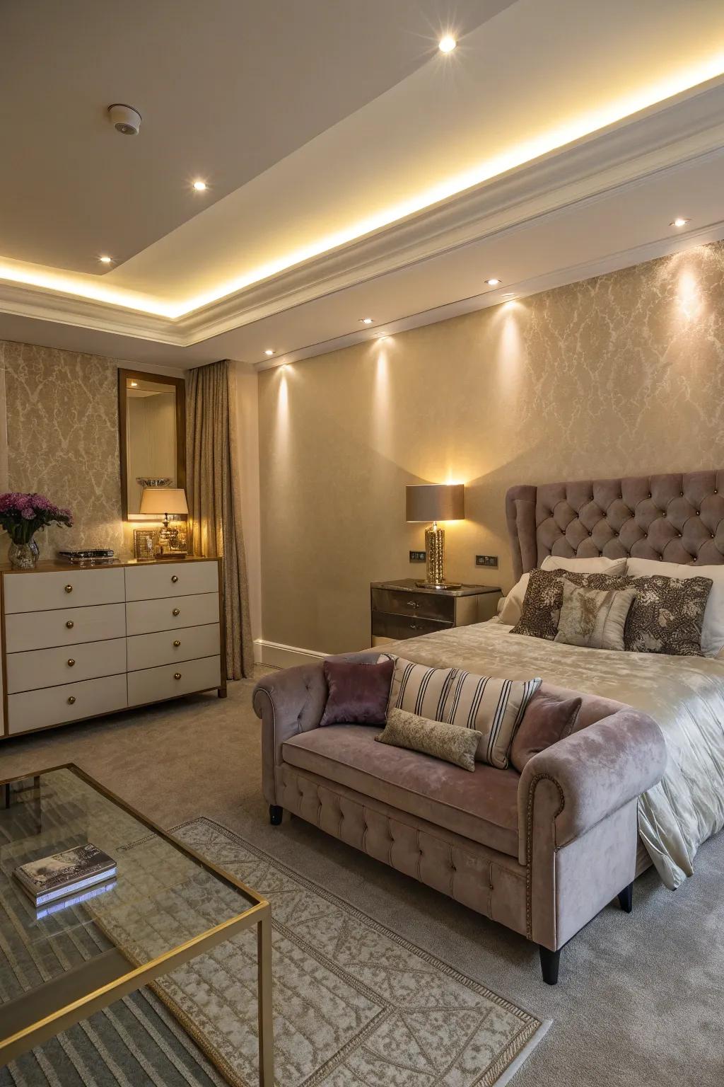 Cove lighting creates a luxurious ambiance.
