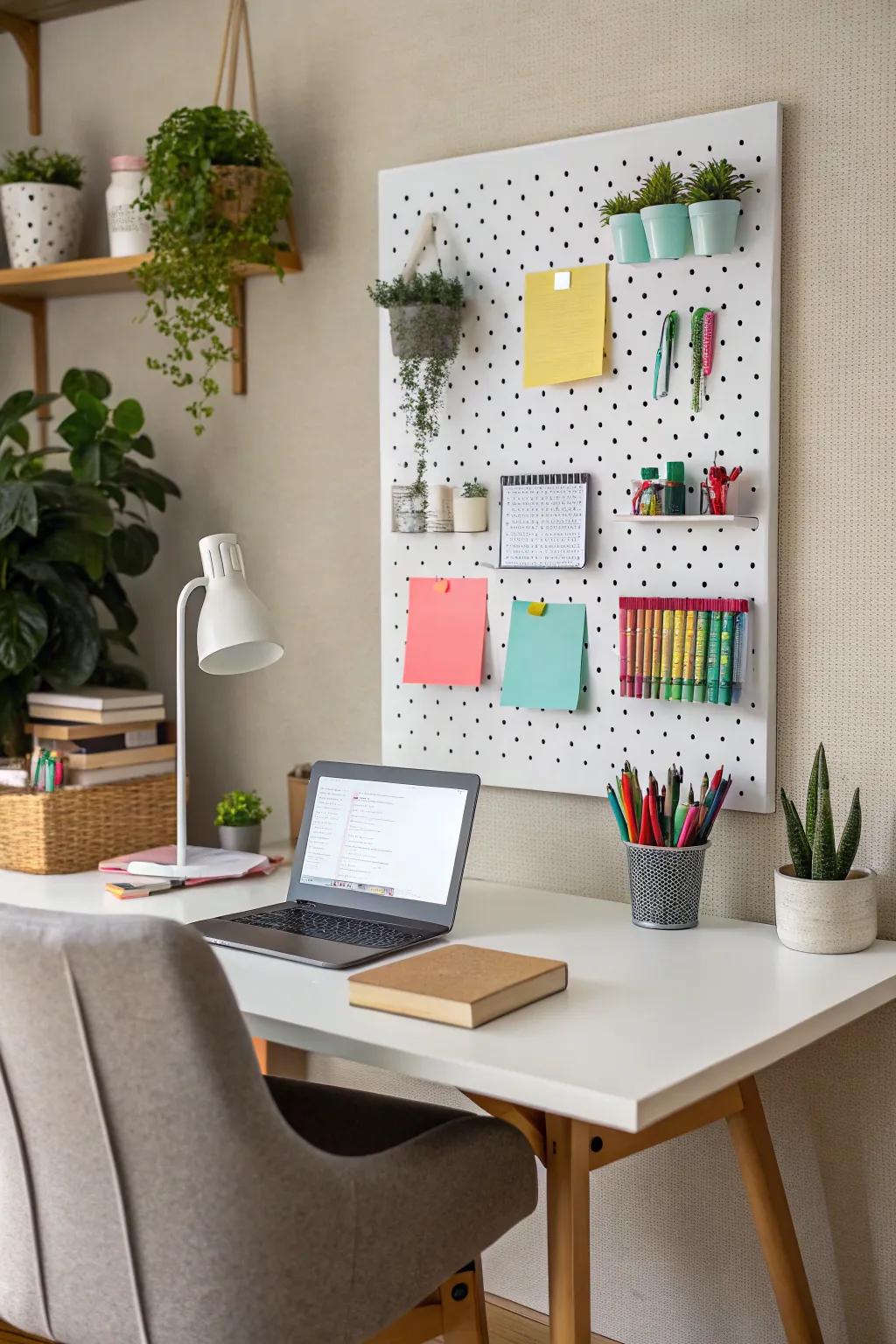 A pegboard helps you keep your supplies in order and saves desk space.