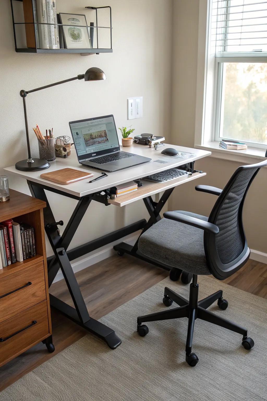 Adjustable furniture promotes comfort and flexibility in a home office.