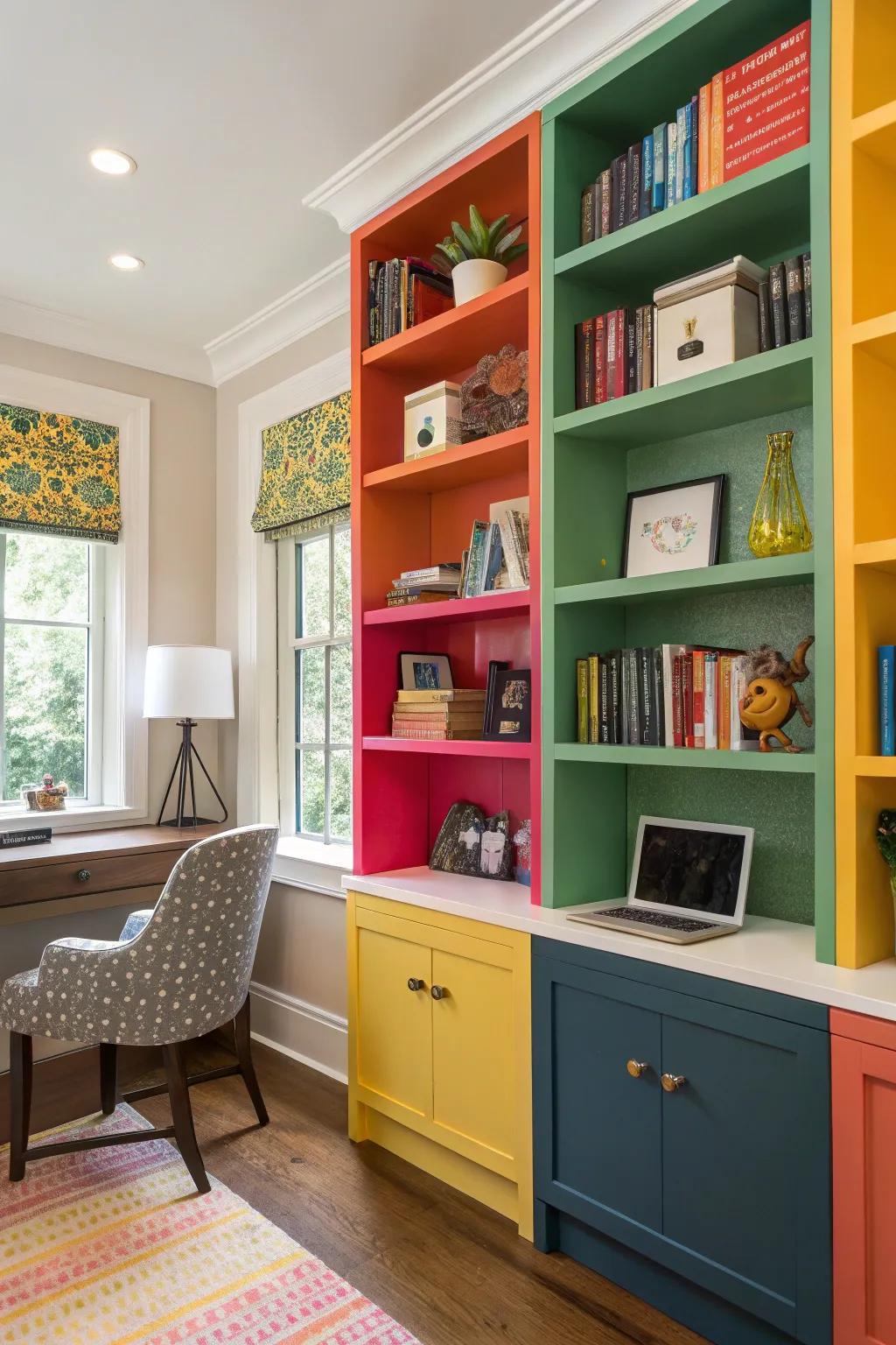 Colorful shelving infuses vibrancy and energy.