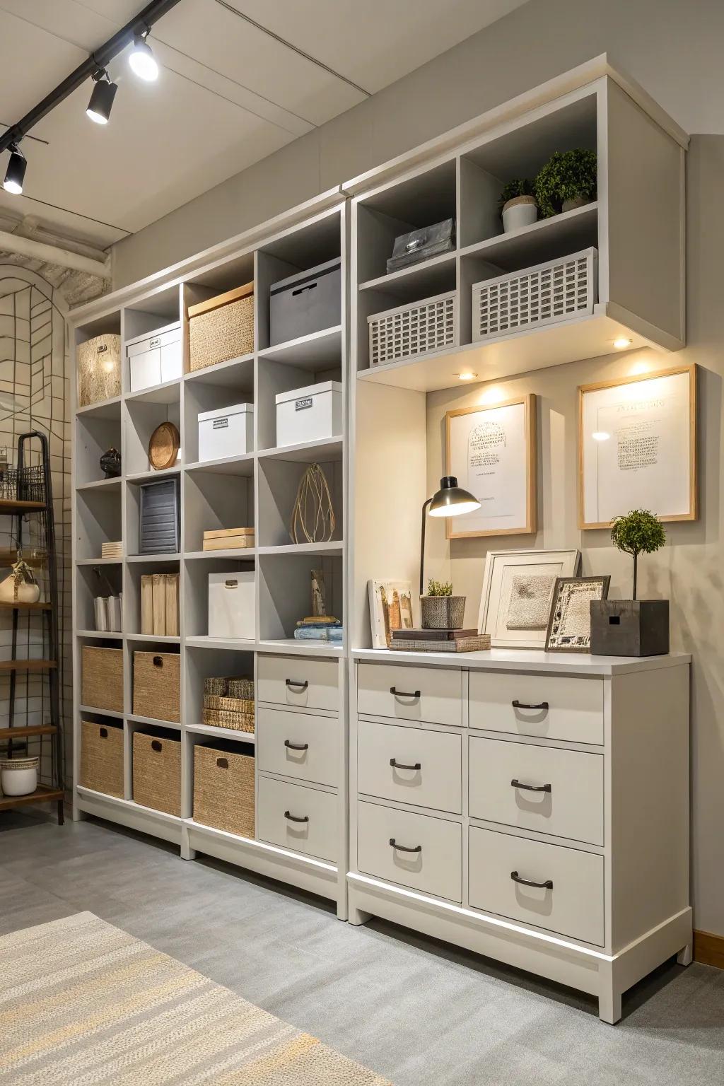 Sleek storage merges grace with usefulness.