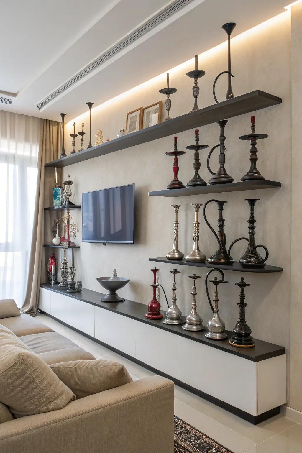 Floating shelving provides a minimal and well-ordered display.