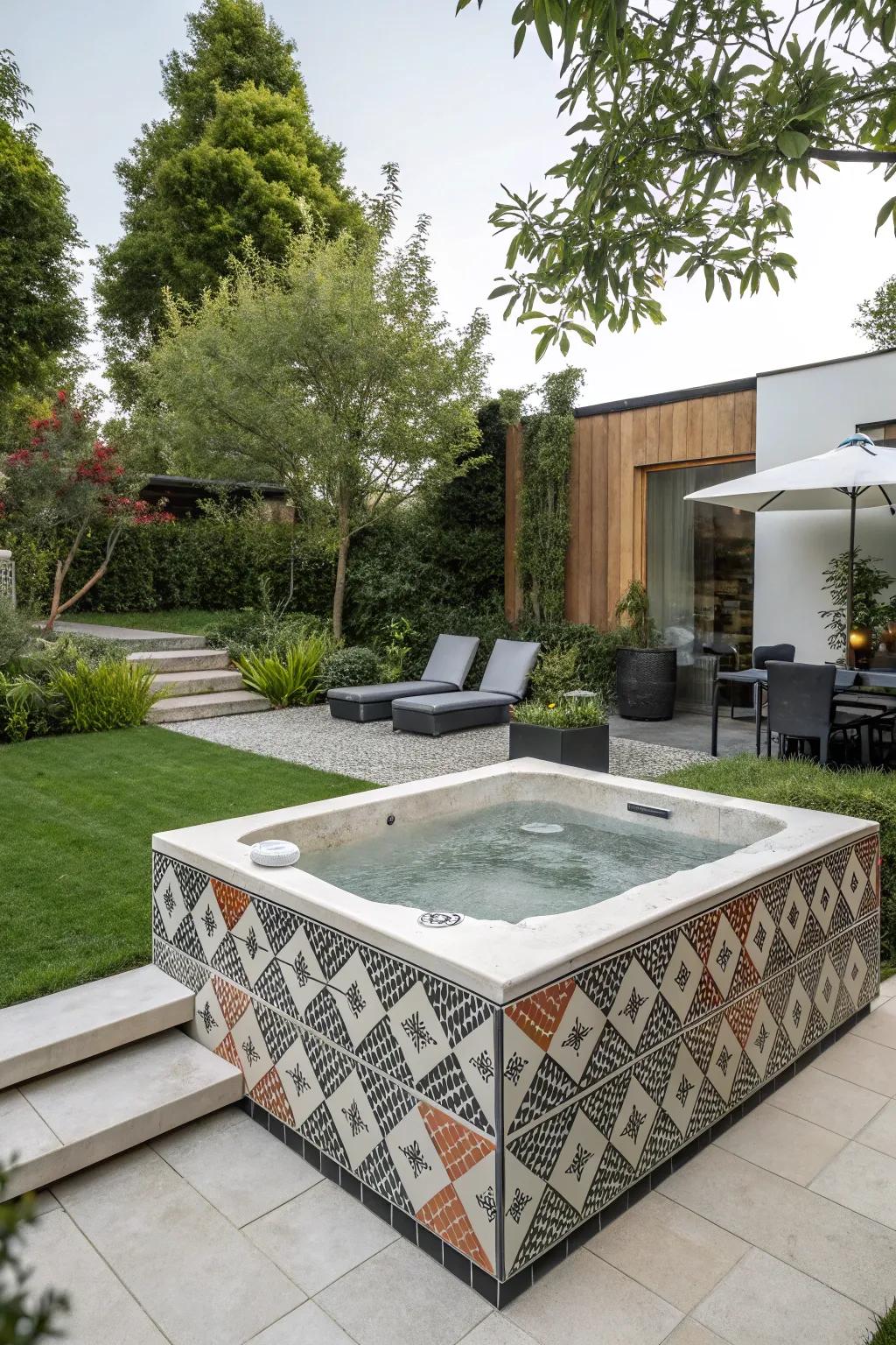 Geometric designs contribute a modern and artistic flair to your hot tub area.