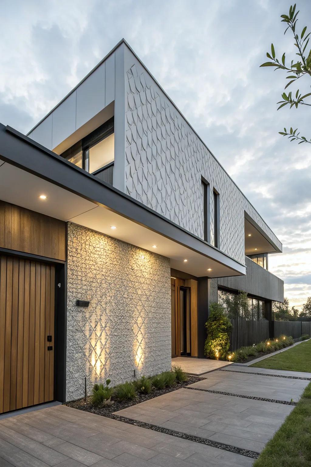 Textured overlays create a modern and durable facade.