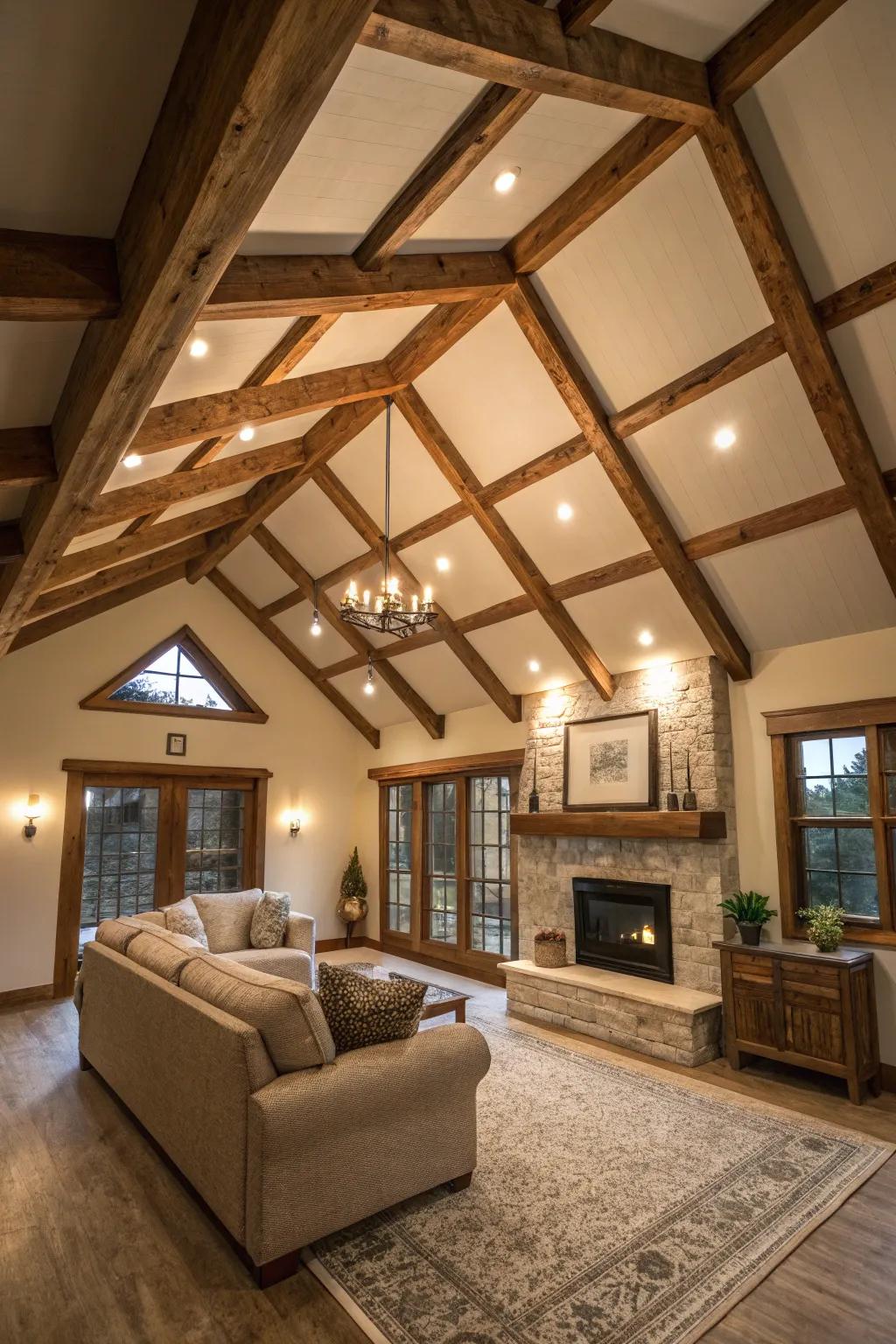 Add character and depth using unveiled overhead beams that stand out. #CeilingDesign #ArchitecturalInterest #HomeInspiration