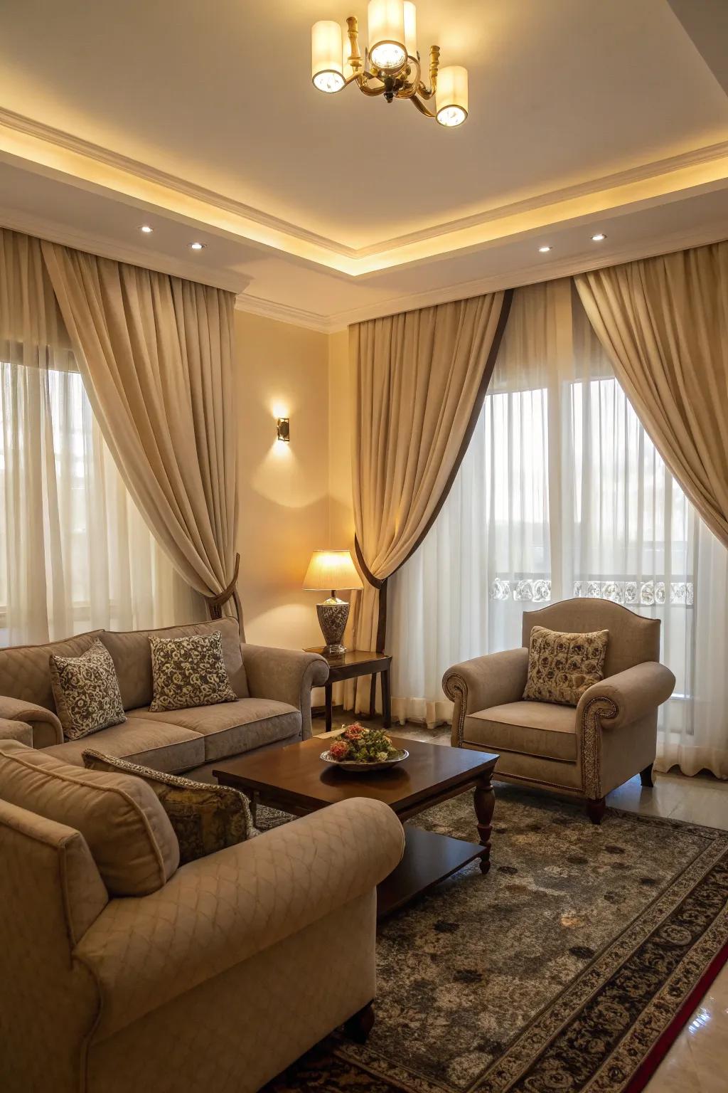 Dual-layer window coverings allow flexibility in managing illumination and seclusion.