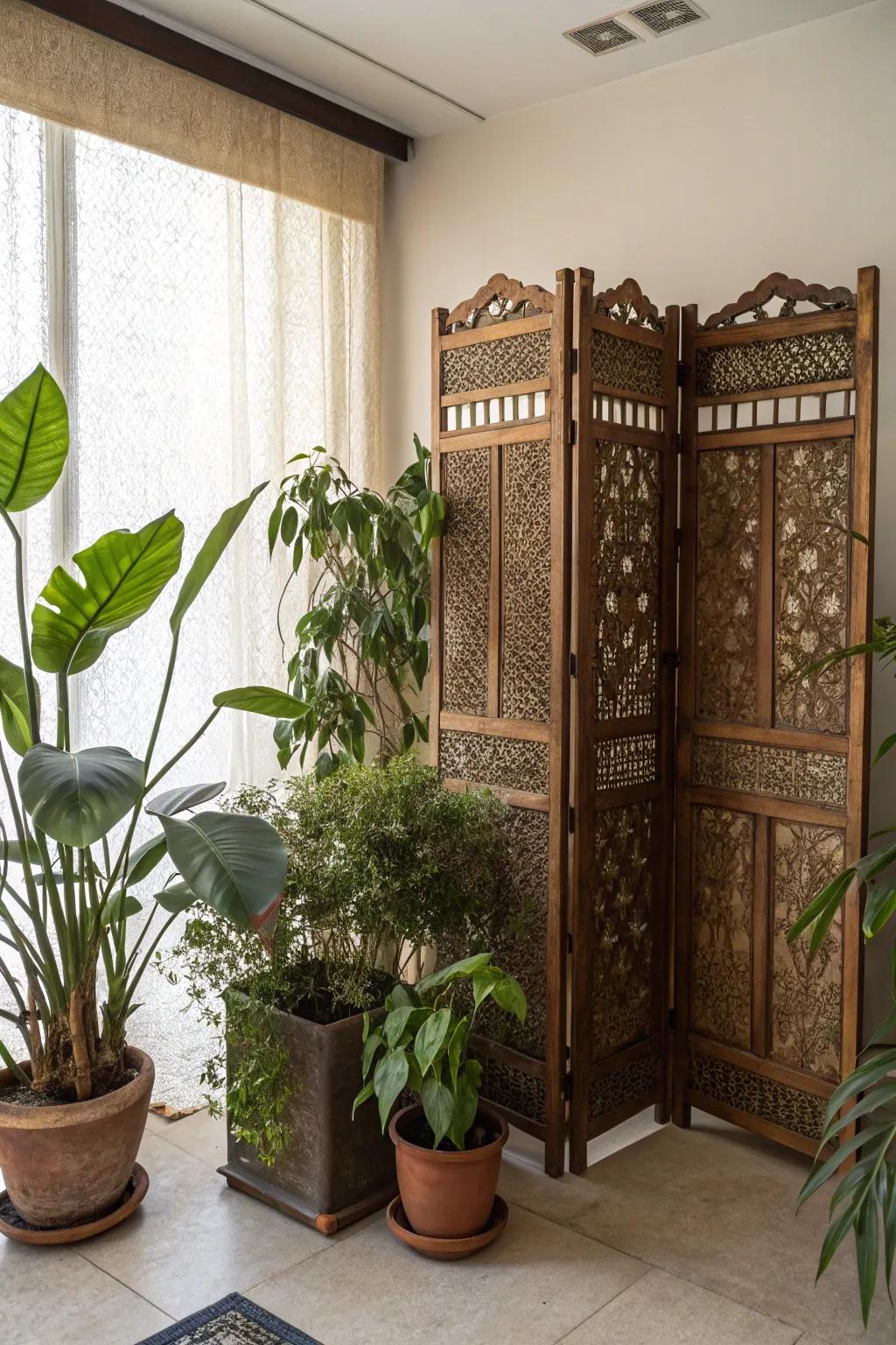 Ornamental screens contribute elegance and function to corners.