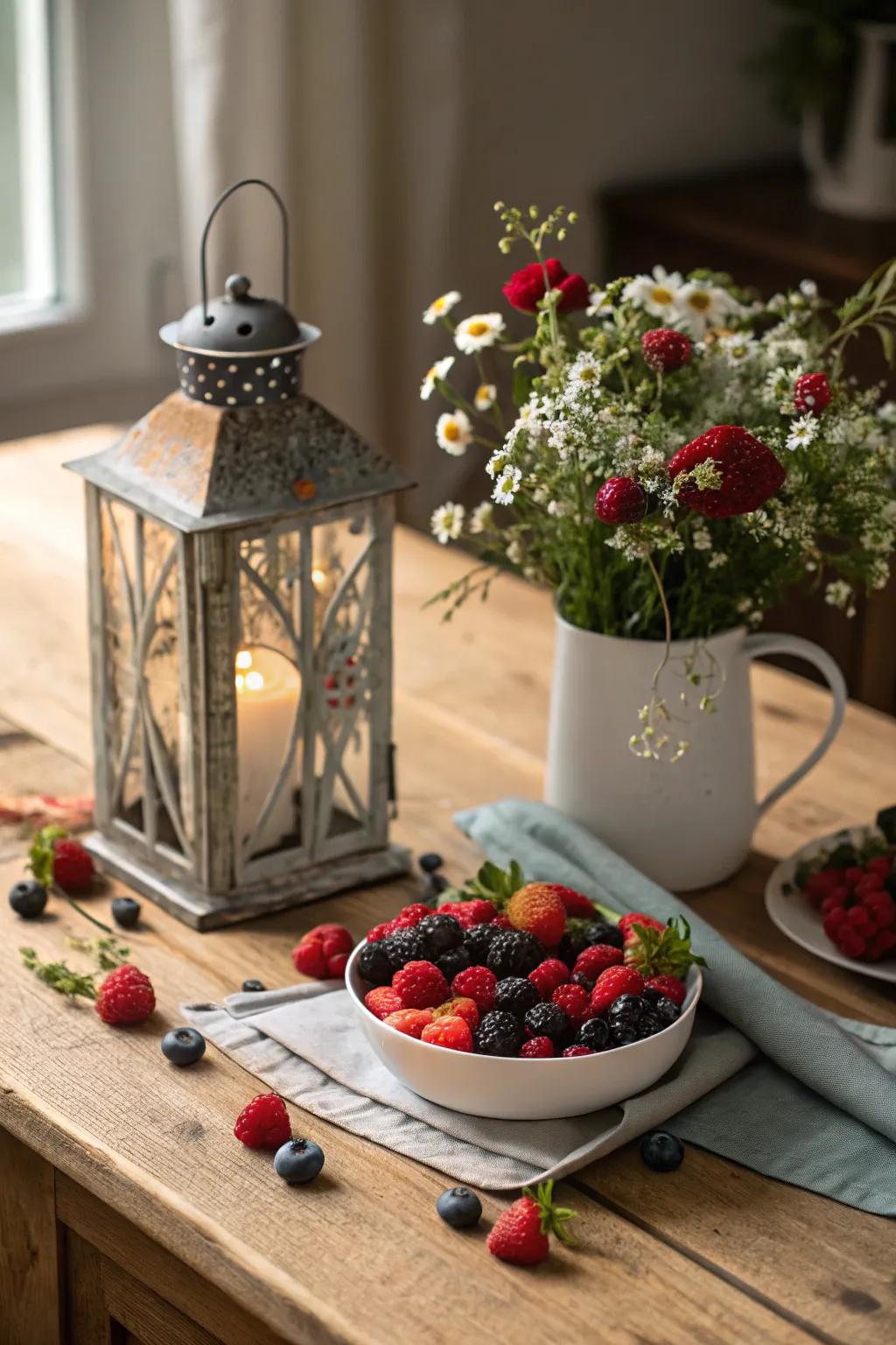 Rustic lantern filled with berries and flowers.