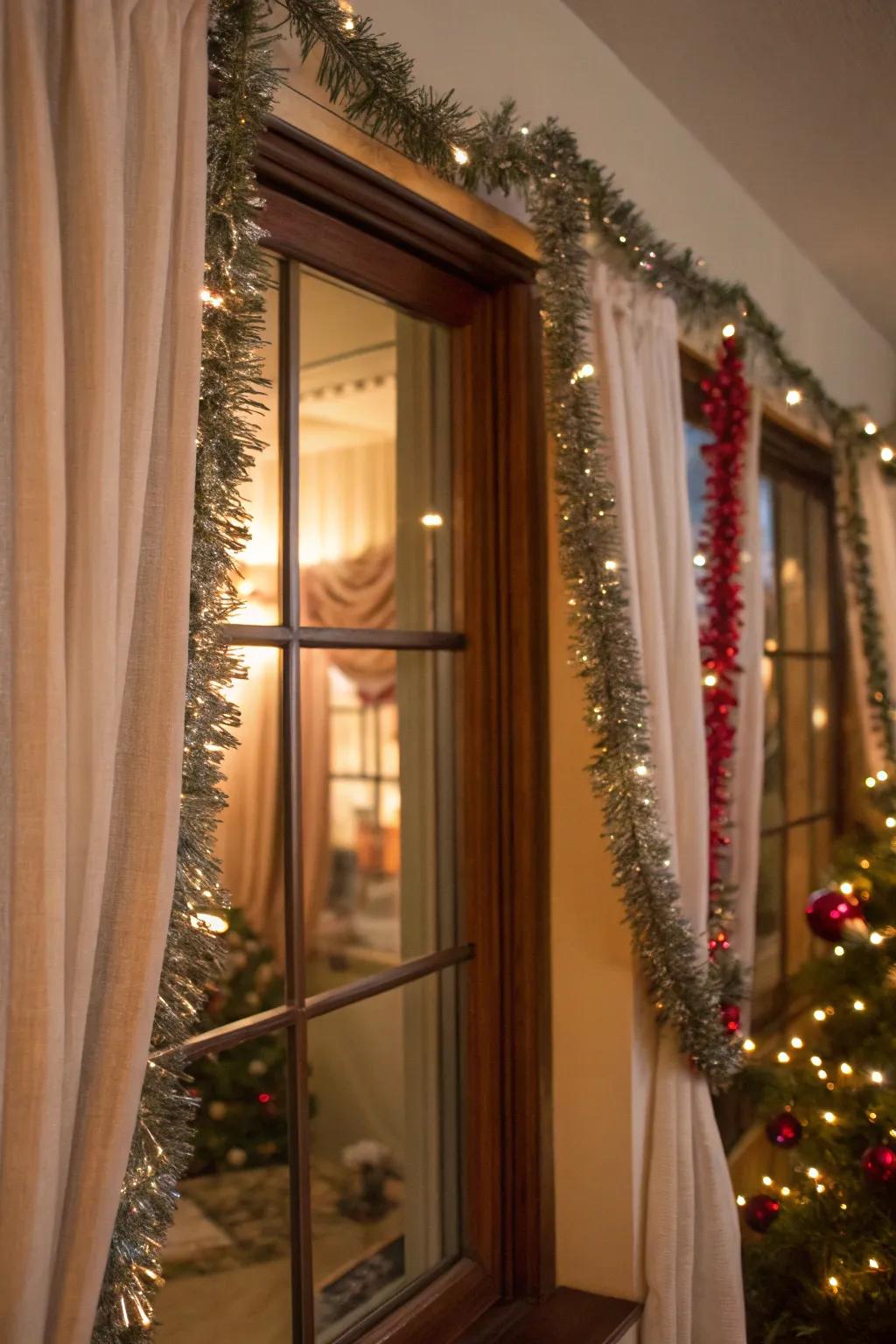 A window enhanced with glittery strands suspended from the drapery supports.