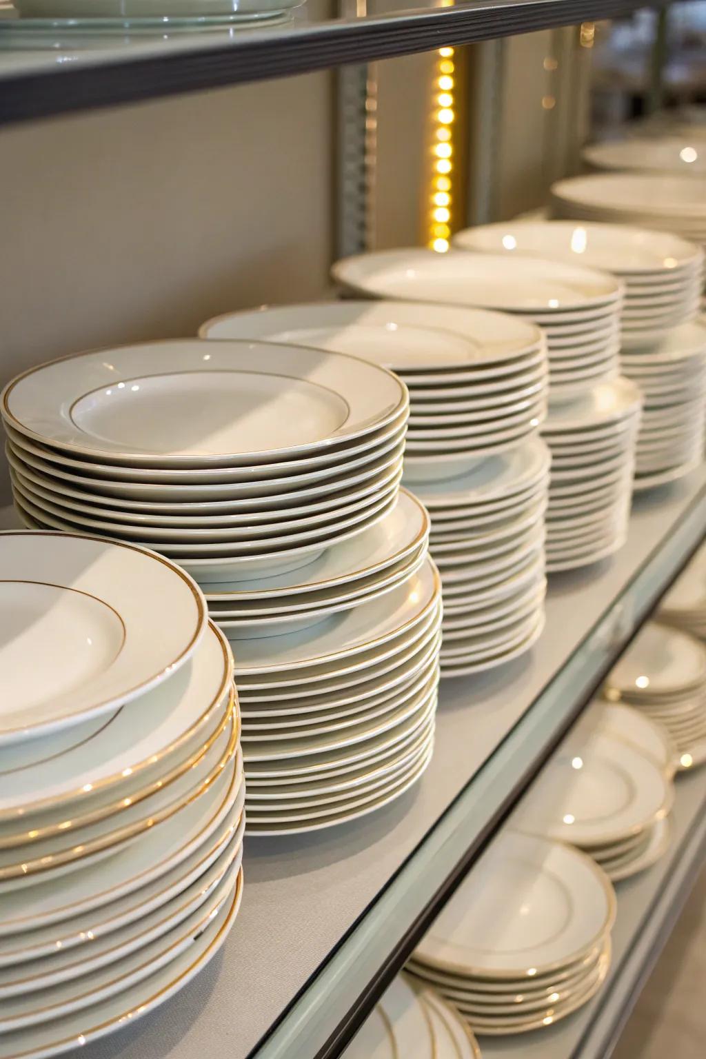 Neatly tiered china on a shelf with consistent spacing for a tidy look.