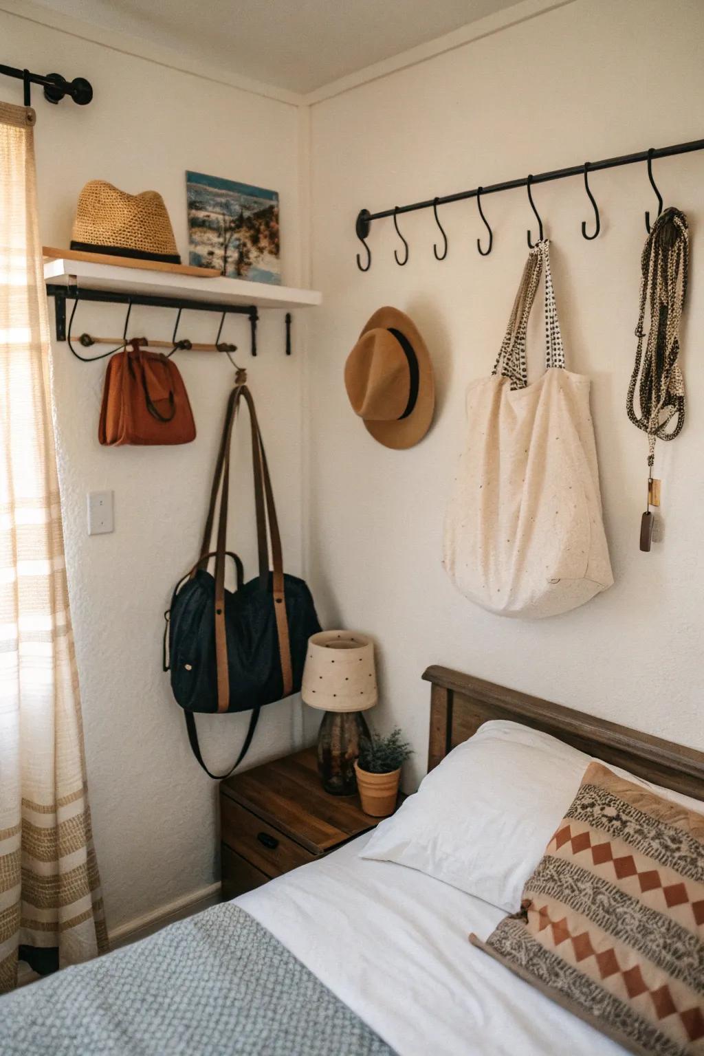 Hooks providing simple hanging storage.