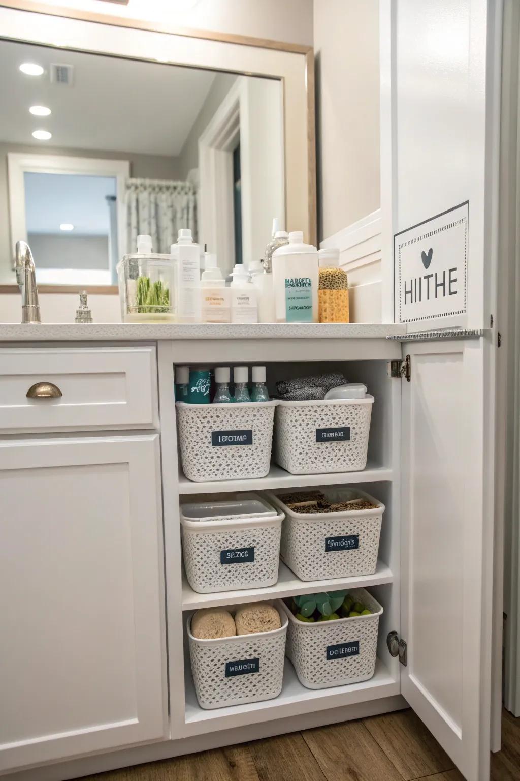 Custom labels on bins and containers in a cabinet, adding a personal touch to organization.