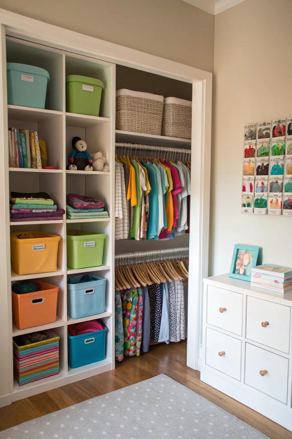 Closet organizers give twice as much storage in kids' rooms.