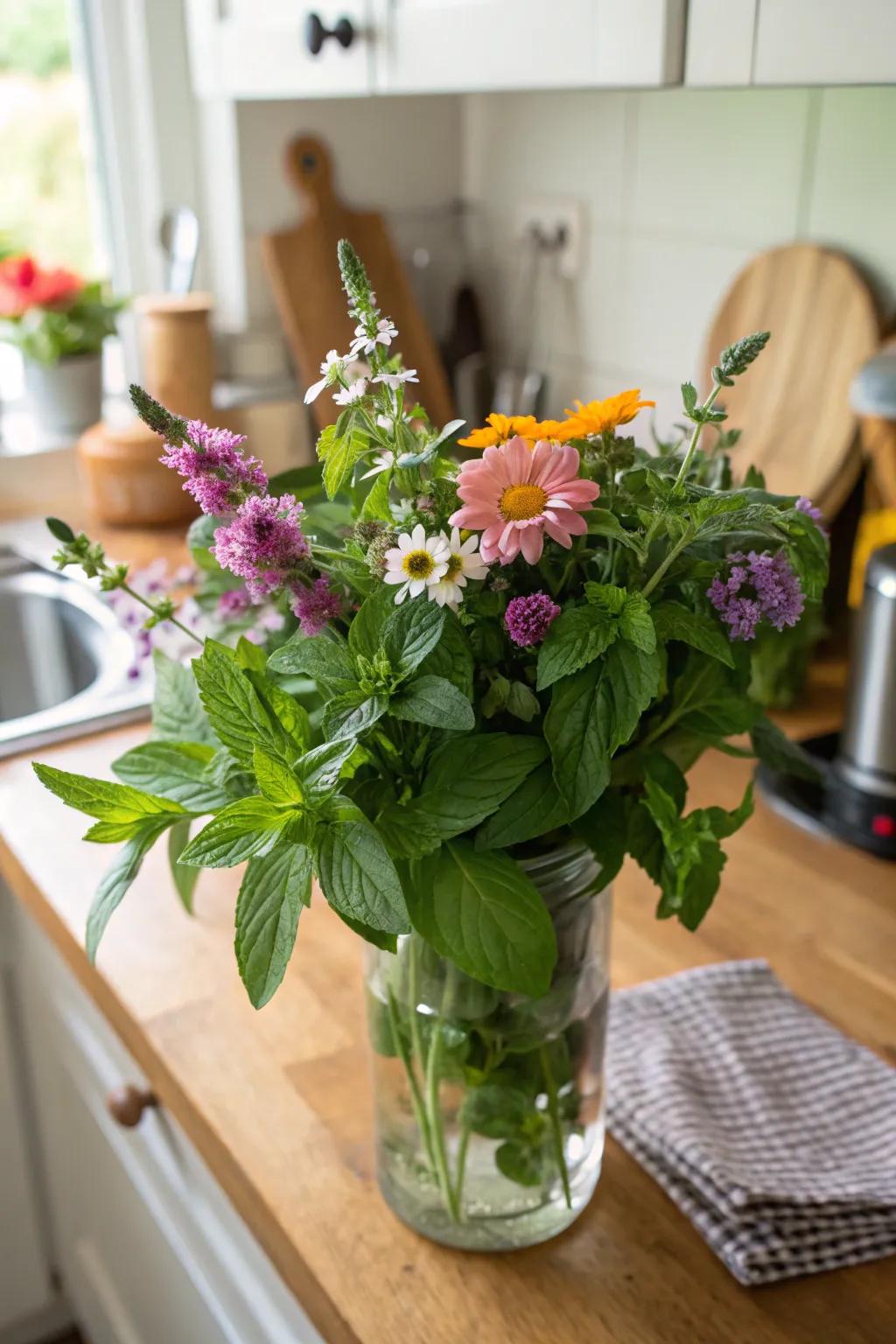 An aromatic and palatable floral setting within the cooking area.