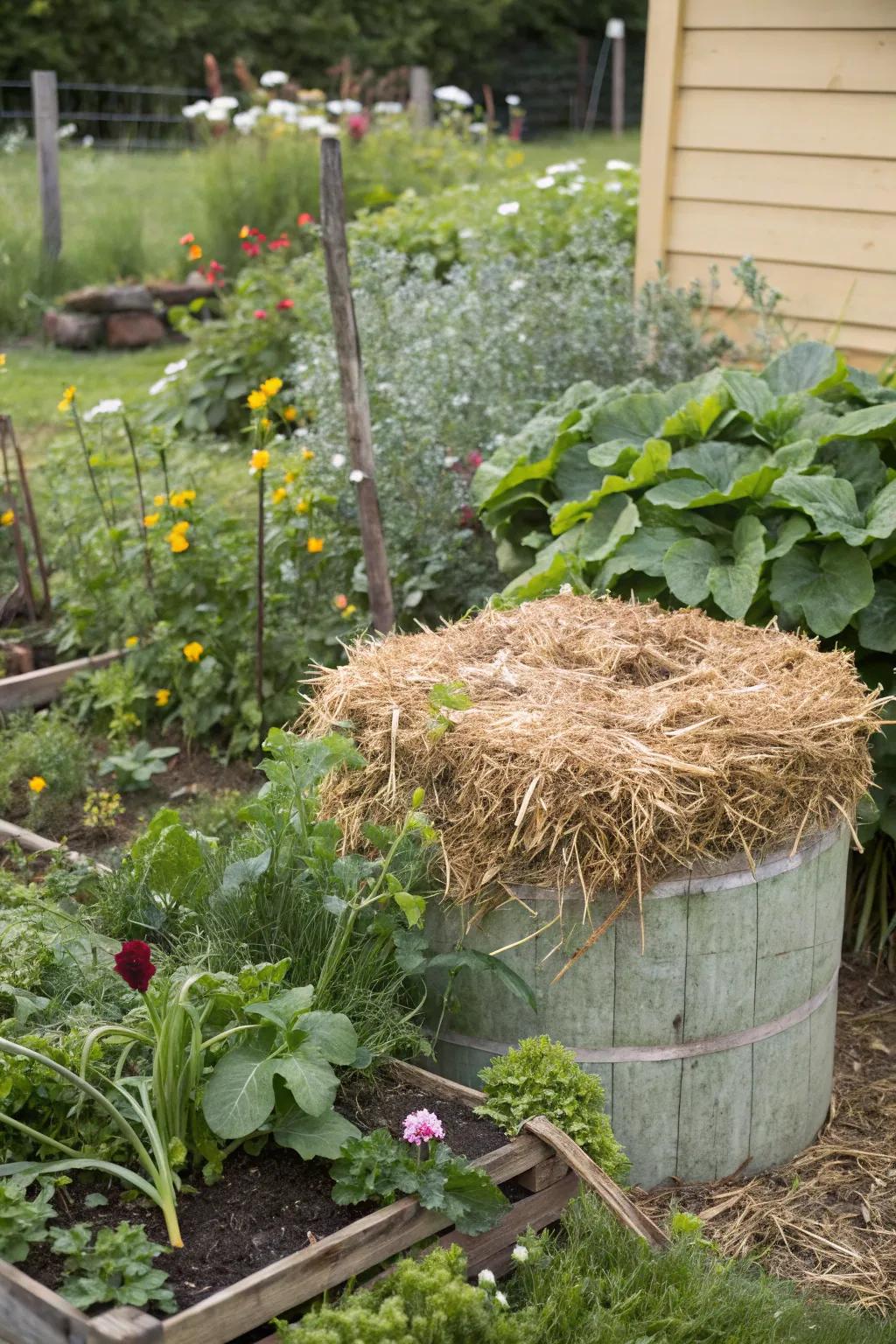 A composting container made out of hay bales that mixes seamlessly within the vegetable plot.