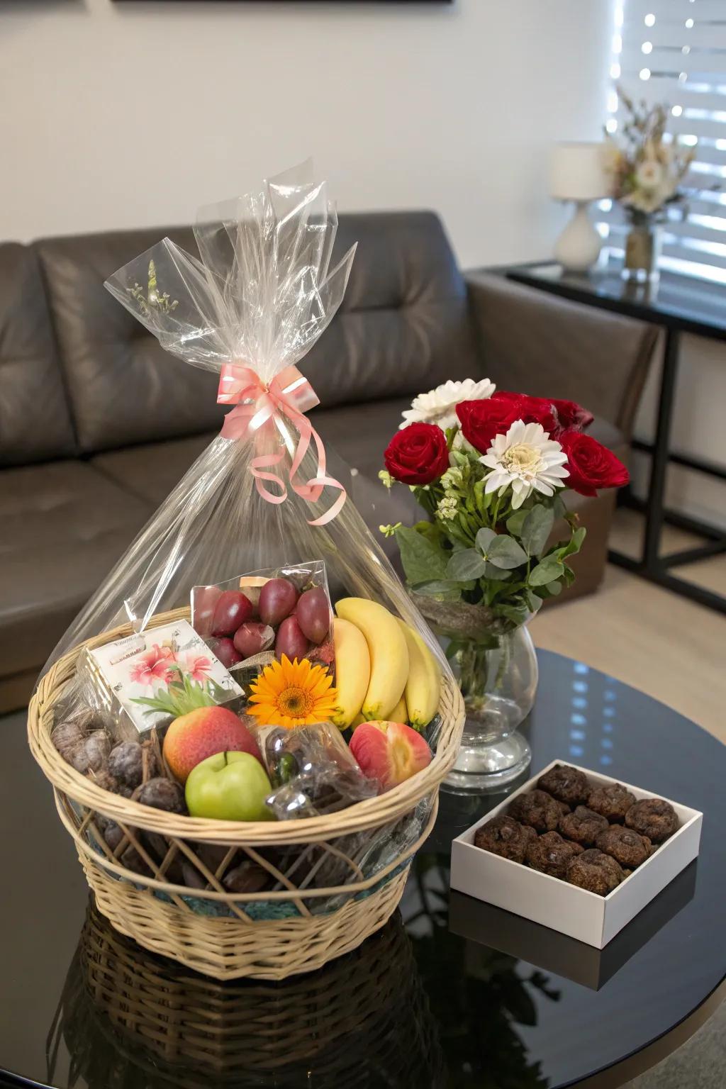 See-through casings highlight the beauty of the basket’s contents.